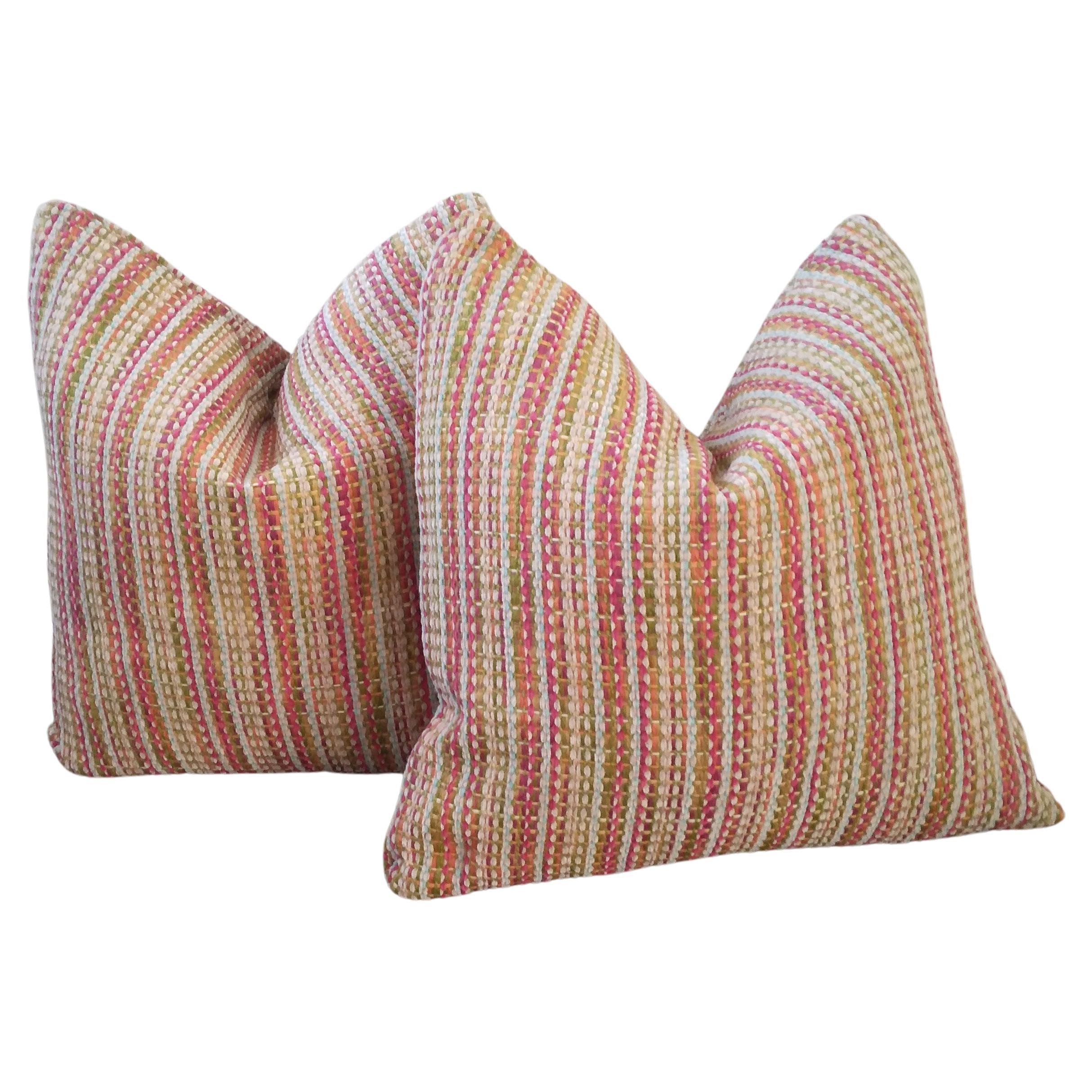 Mid-Century Modern Multi-Colored Striped Woven Chenille Accent Pillows - a pair  For Sale