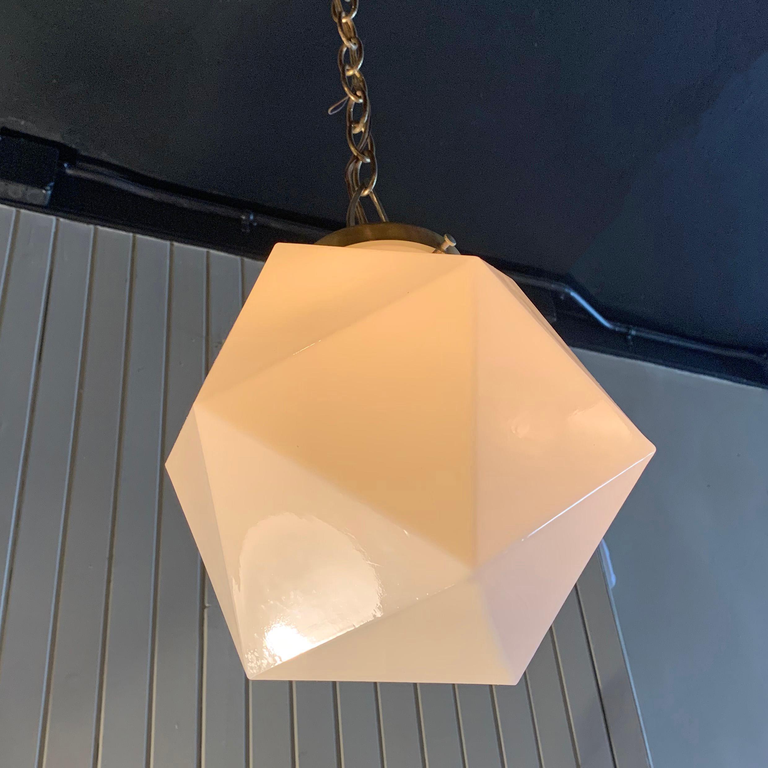 20th Century Mid-Century Modern Multi-Faceted Milk Glass Pendant Light