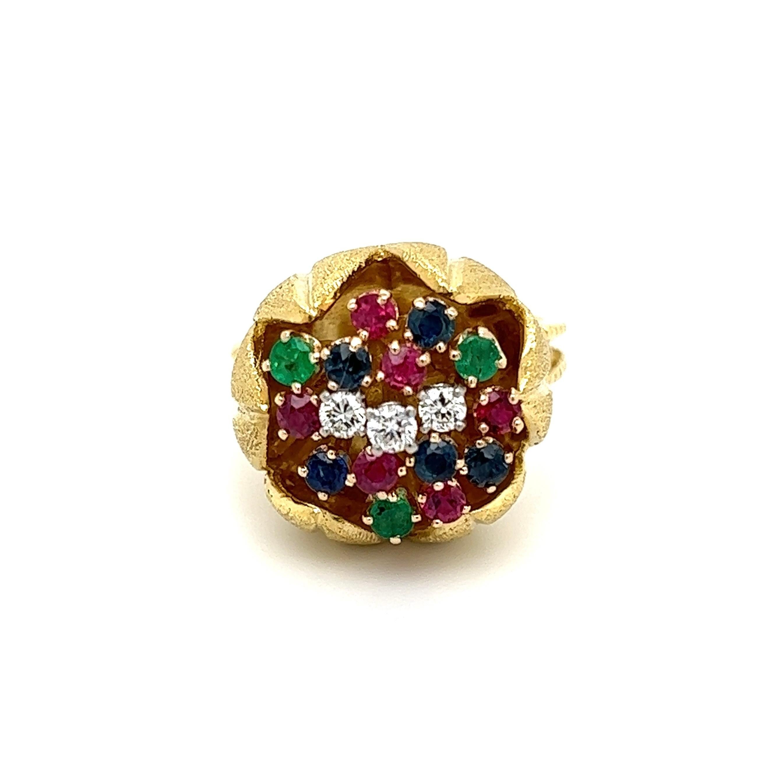 Round Cut  Mid Century Modern Multi Gem and Diamond Vintage Gold Cocktail Ring For Sale
