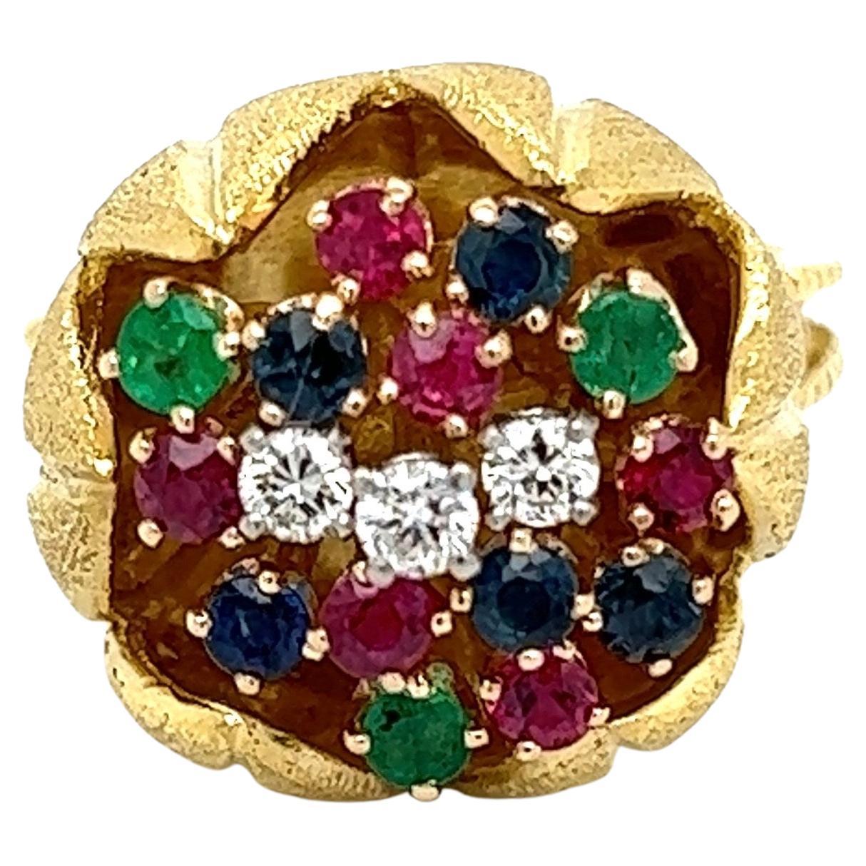  Mid Century Modern Multi Gem and Diamond Vintage Gold Cocktail Ring