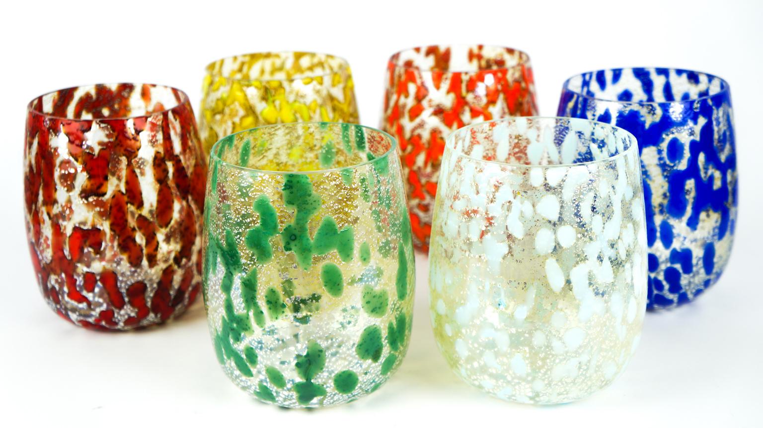 Mid-Century Modern Multi-Color Silver Set of Six Murano Drinking Glasses Tumbler For Sale 6