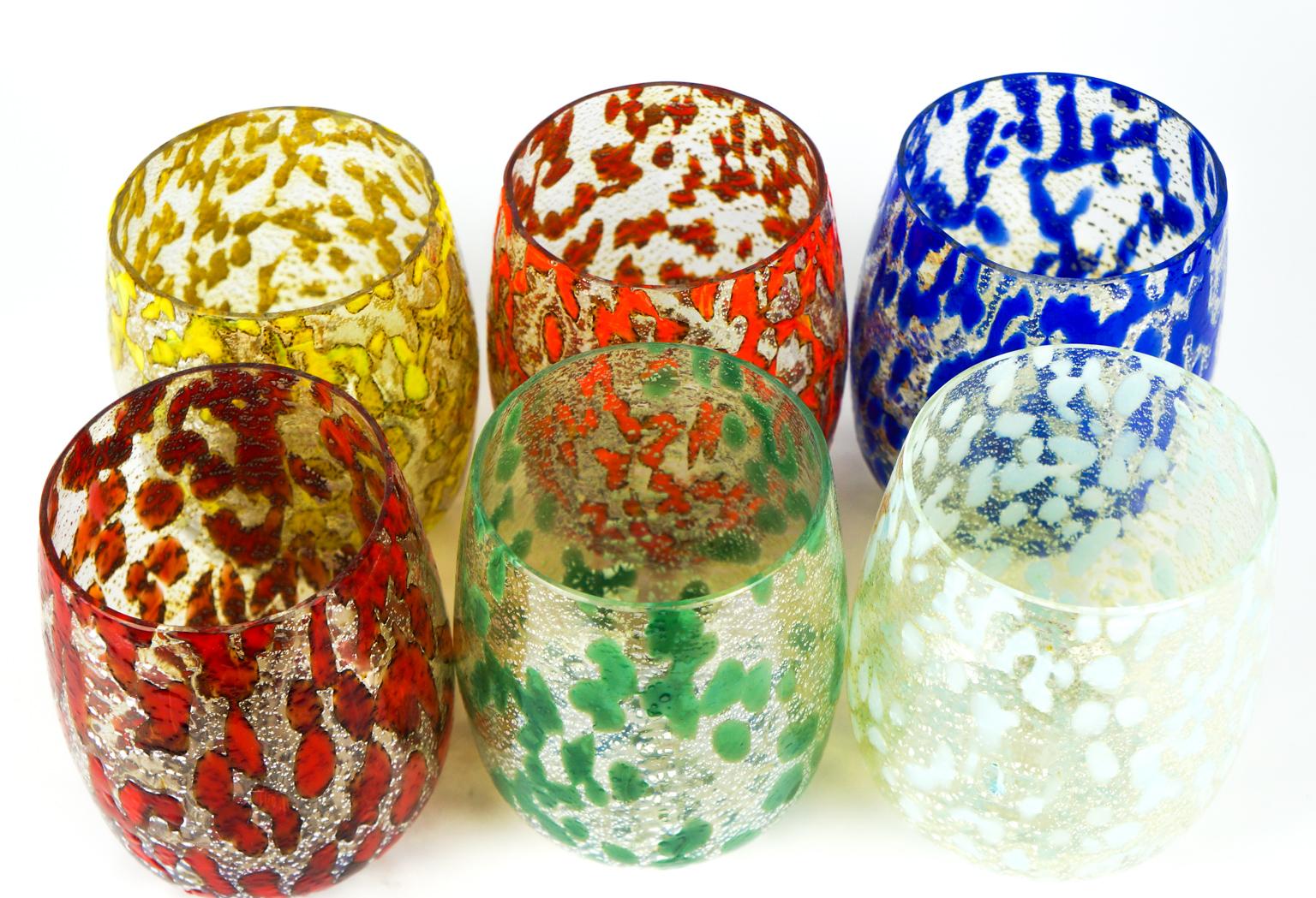 Mid-Century Modern Multi-Color Silver Set of Six Murano Drinking Glasses Tumbler For Sale 7