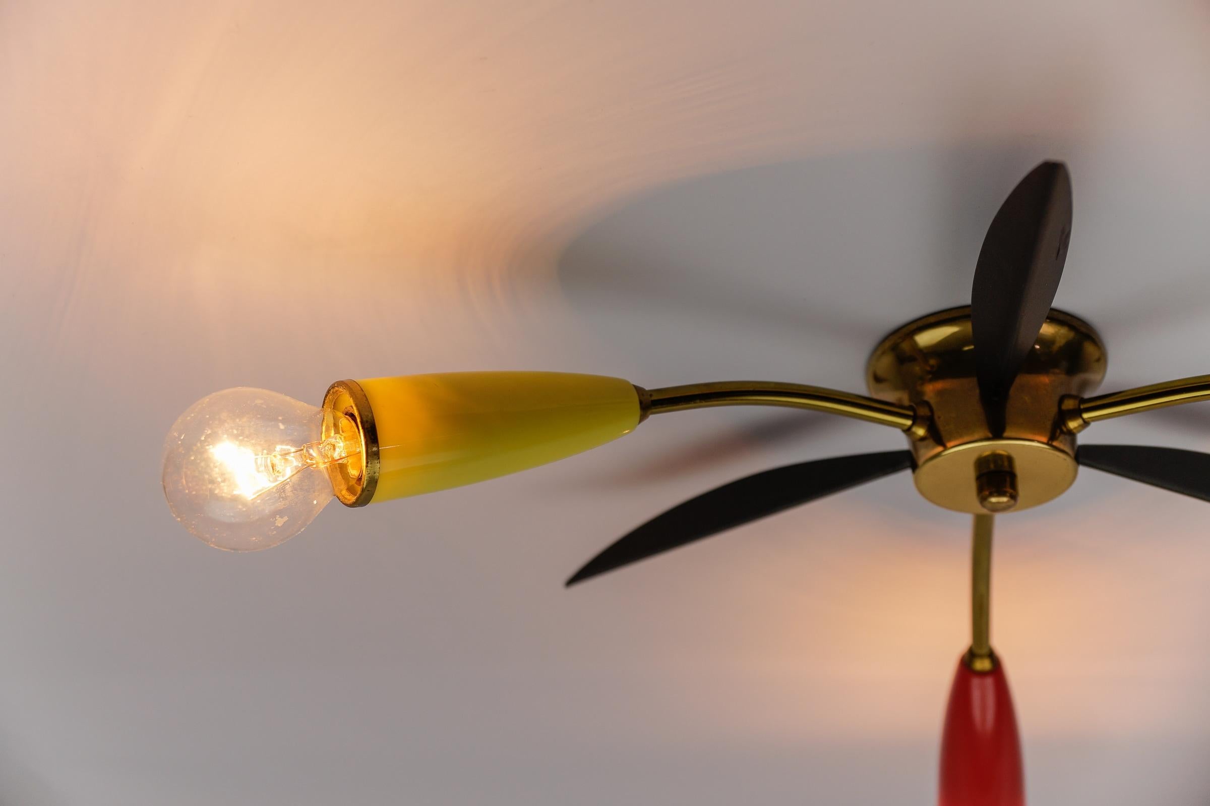 Metal Mid-Century Modern multicolored 3-armed brass sputnik lamp, 1950s For Sale