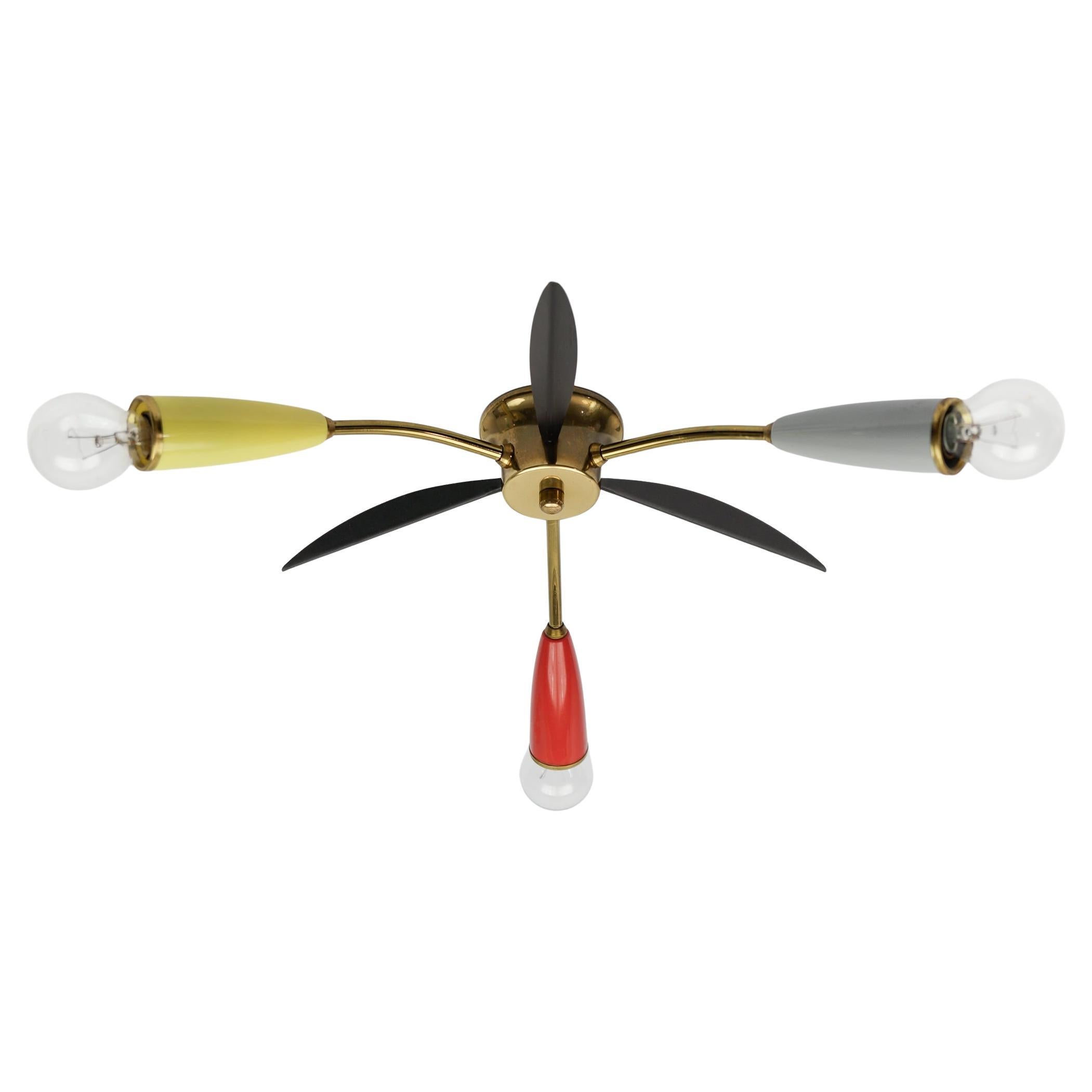 Lampe Sputnik Modern multicolore à 3 bras en laiton, 1950s