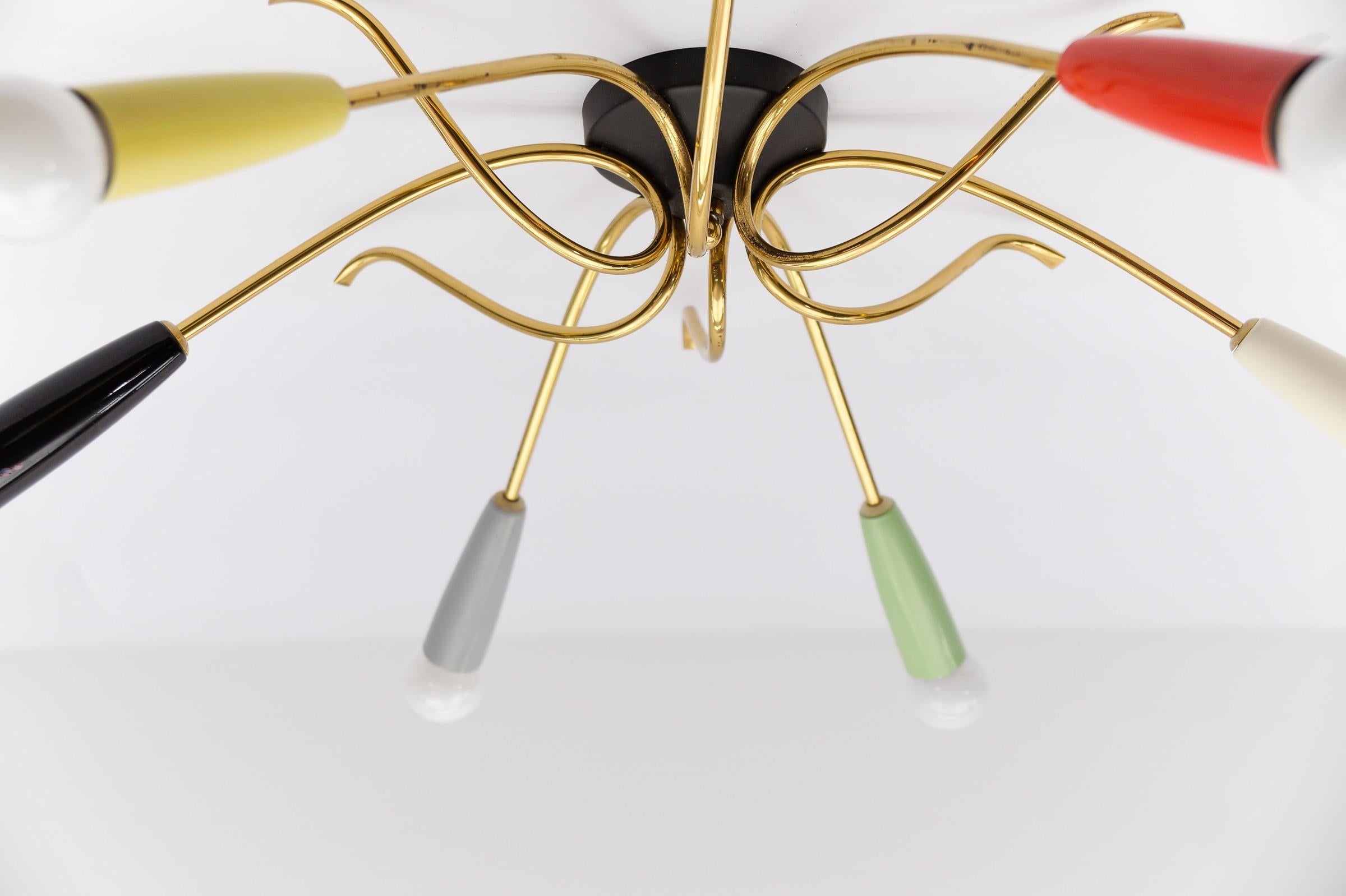 Lámpara sputnik de latón multicolor de 6 brazos, Moderna de mediados de siglo, años 50 en venta 4