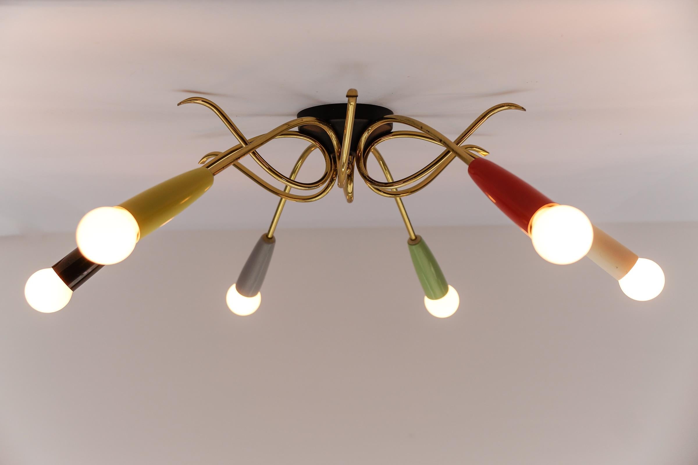 Lámpara sputnik de latón multicolor de 6 brazos, Moderna de mediados de siglo, años 50 Moderno de mediados de siglo en venta