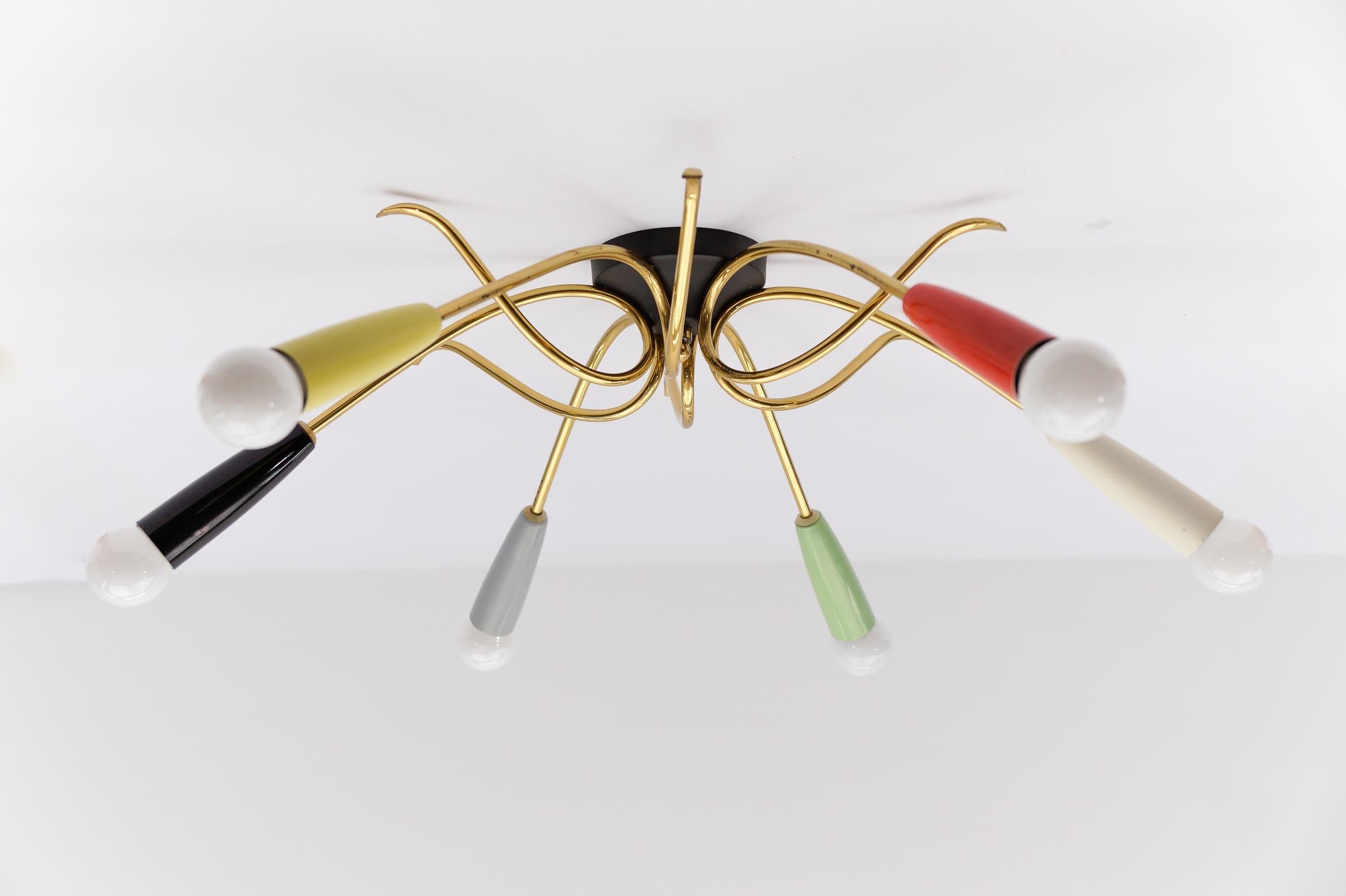 Lámpara sputnik de latón multicolor de 6 brazos, Moderna de mediados de siglo, años 50 Italiano en venta
