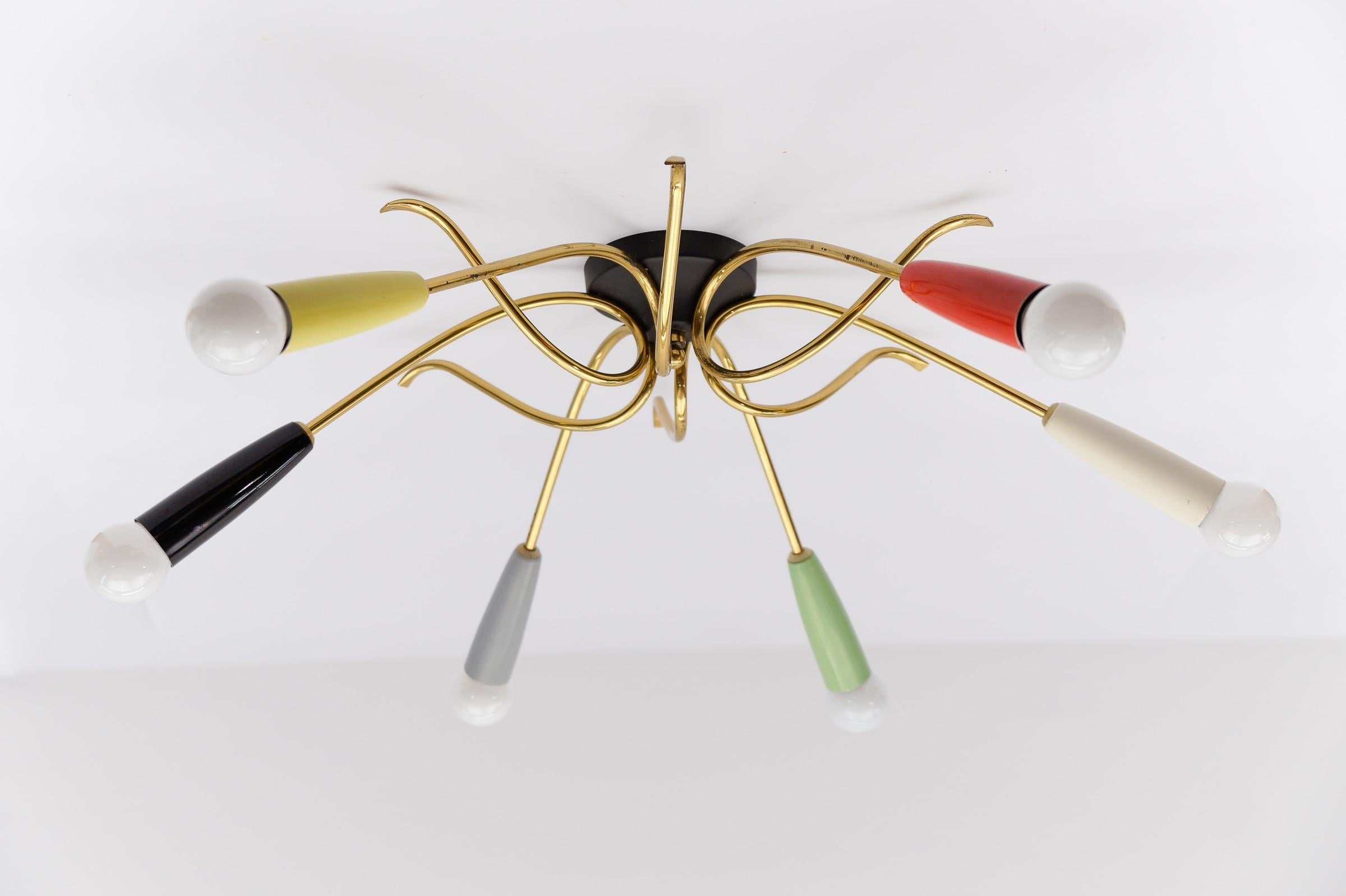 Lámpara sputnik de latón multicolor de 6 brazos, Moderna de mediados de siglo, años 50 mediados del siglo XX en venta
