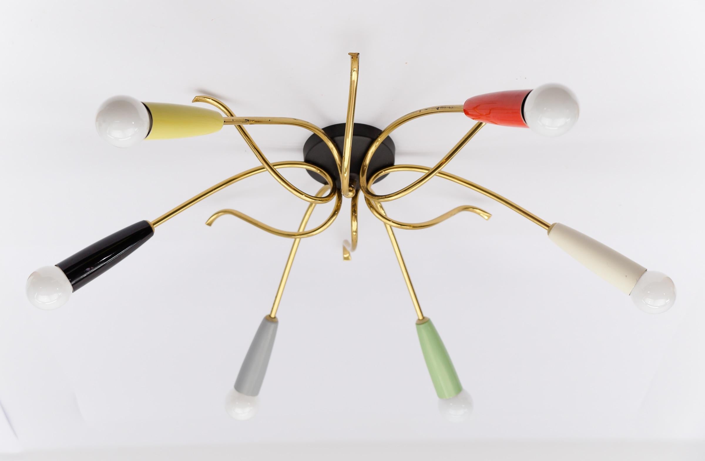 Lámpara sputnik de latón multicolor de 6 brazos, Moderna de mediados de siglo, años 50 Metal en venta