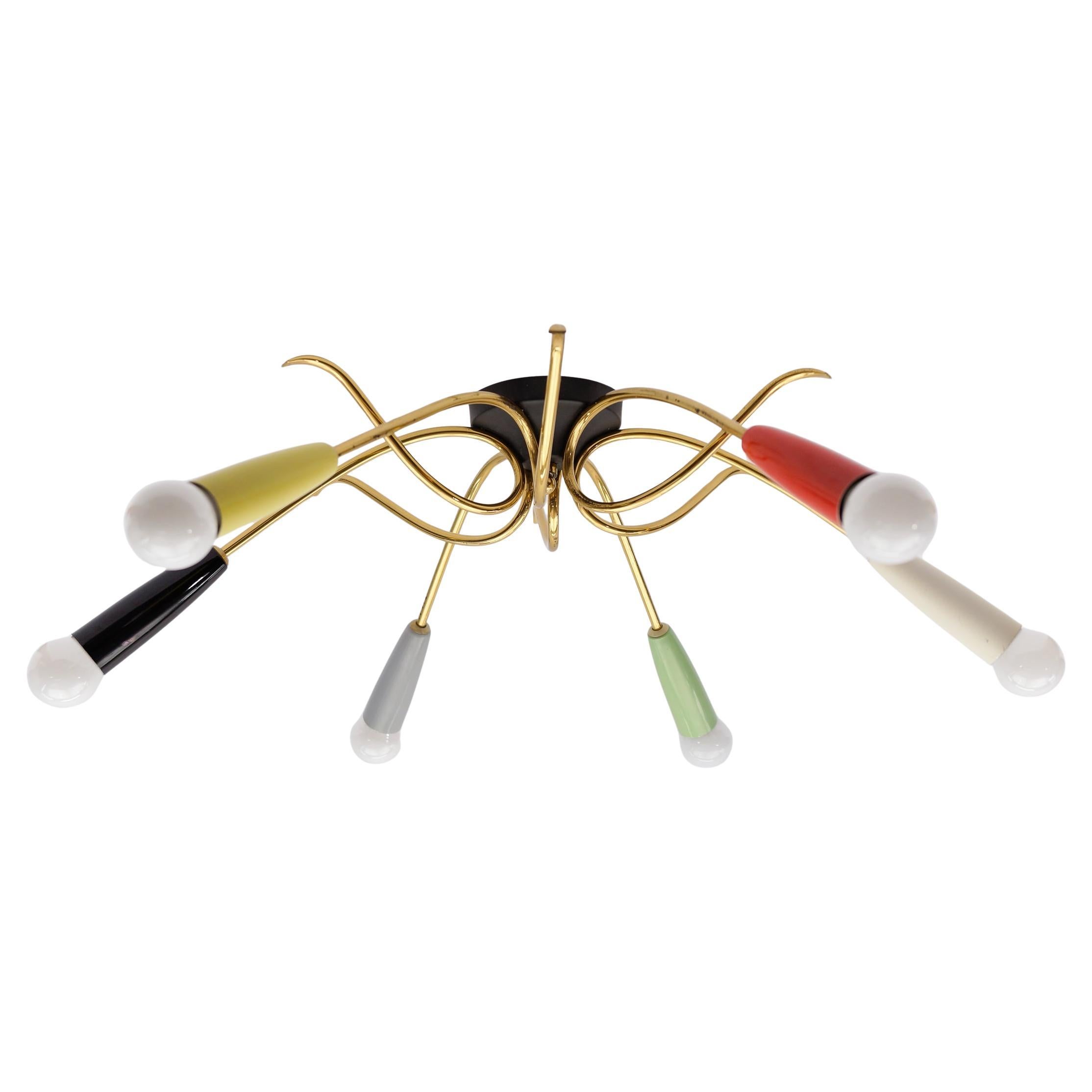 Lámpara sputnik de latón multicolor de 6 brazos, Moderna de mediados de siglo, años 50