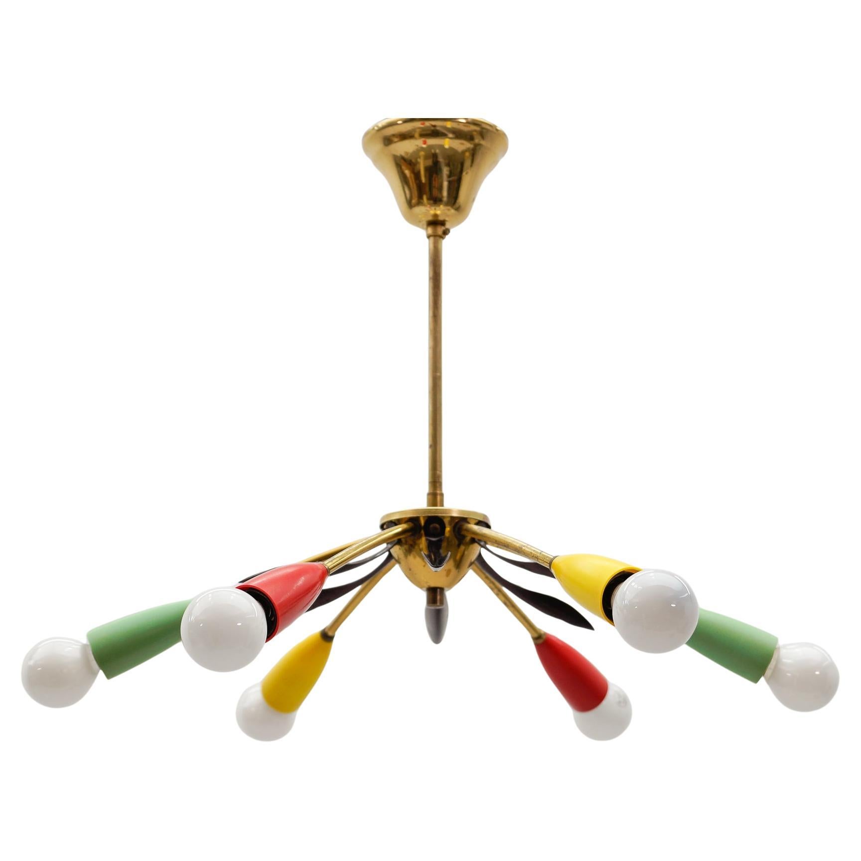 Mid-Century Modern multicolored 6-armed brass sputnik lamp, 1950s Italy For Sale
