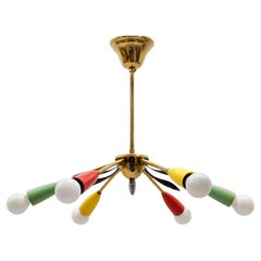 Vintage Mid-Century Modern multicolored 6-armed brass sputnik lamp, 1950s Italy