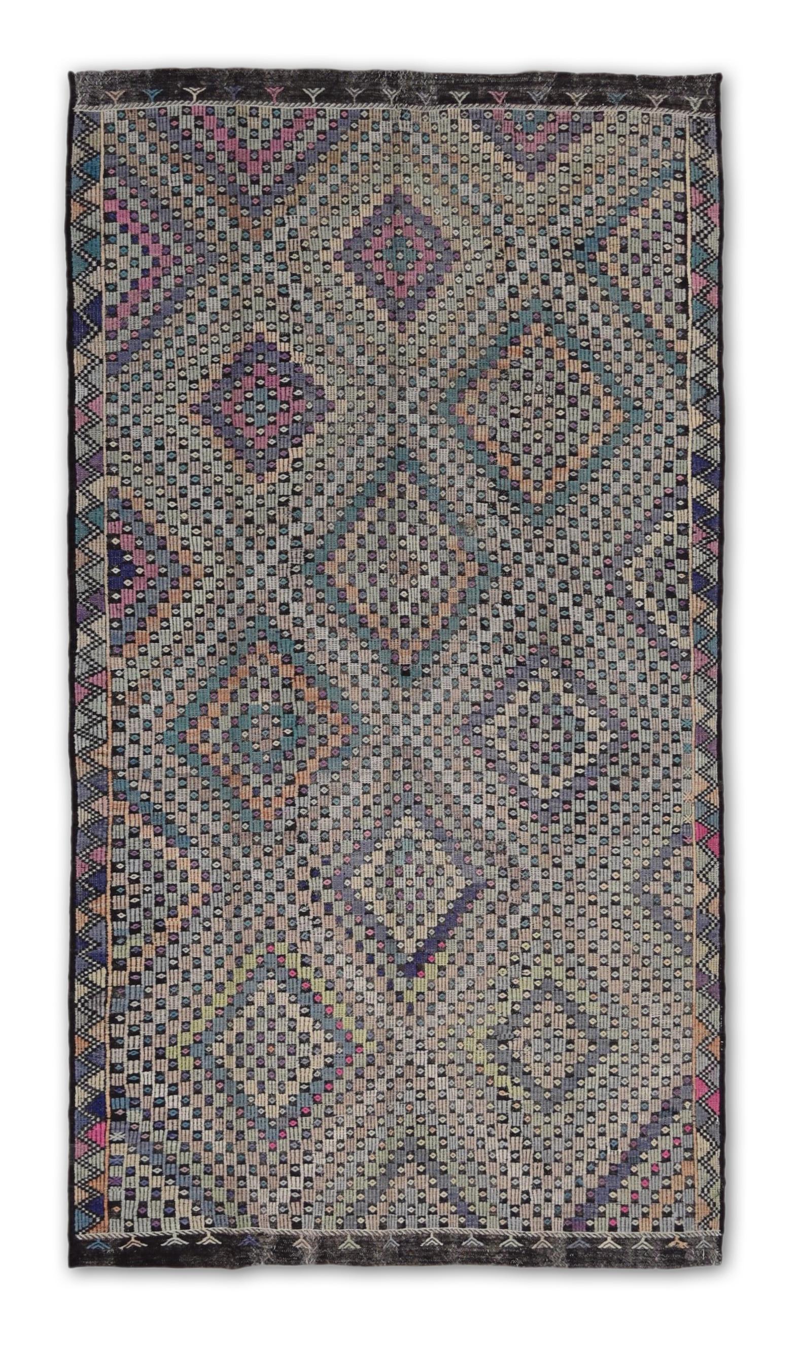 Turco Kilim di lana geometrico multicolore di metà secolo moderno 6'4''x11'5'' in vendita