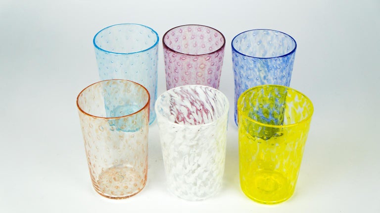 Italian Mid-Century Modern Multicolor Set of Six Murano Drinking Glasses Tumbler For Sale