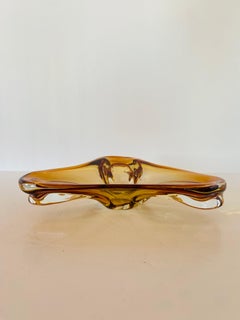 Mid-Century Modern Murano Amber Art Glass Triangular Bowl / Vide-Poche