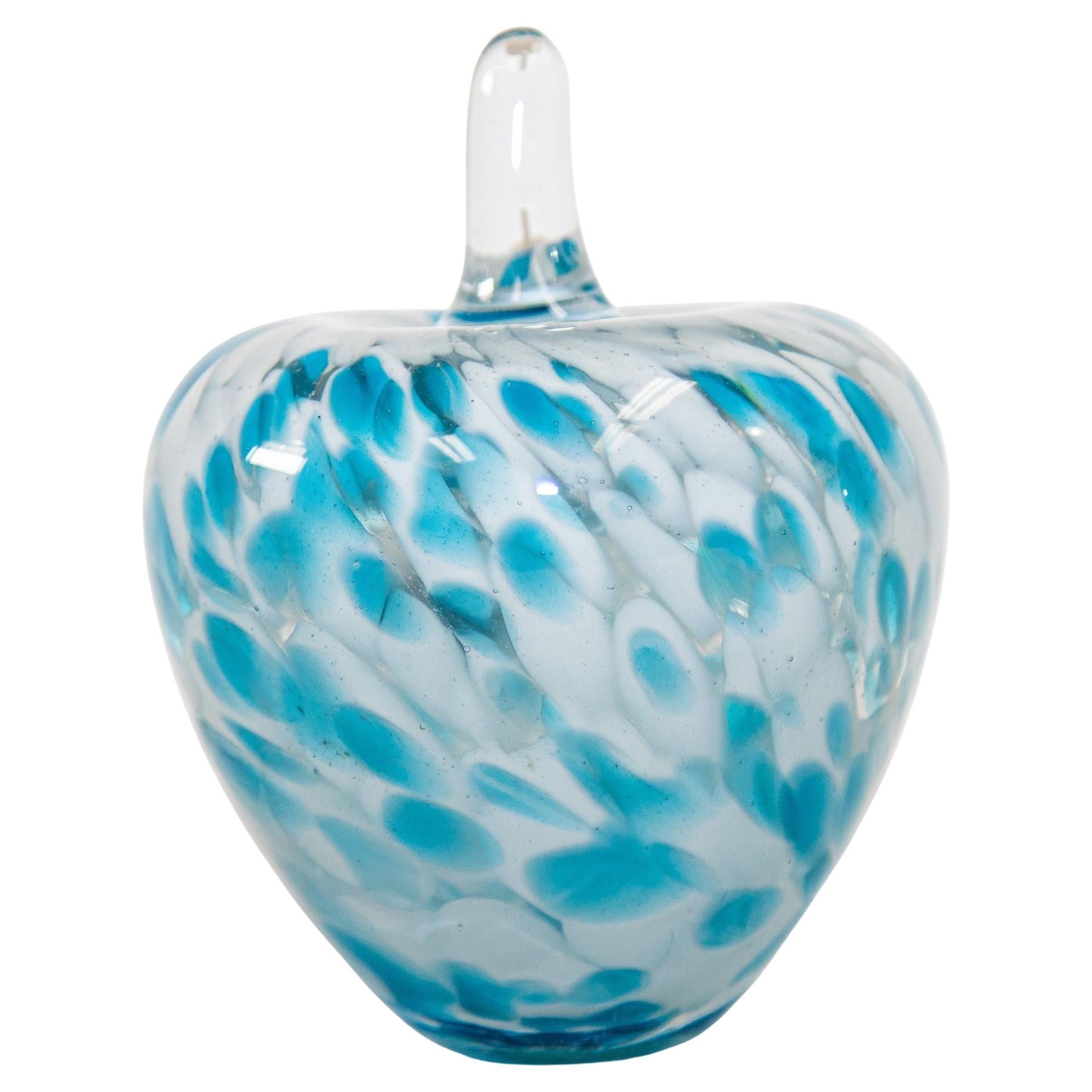Mid-Century Modern Murano Art Glass Blue and Clear Apple Sculpture Paperweight For Sale