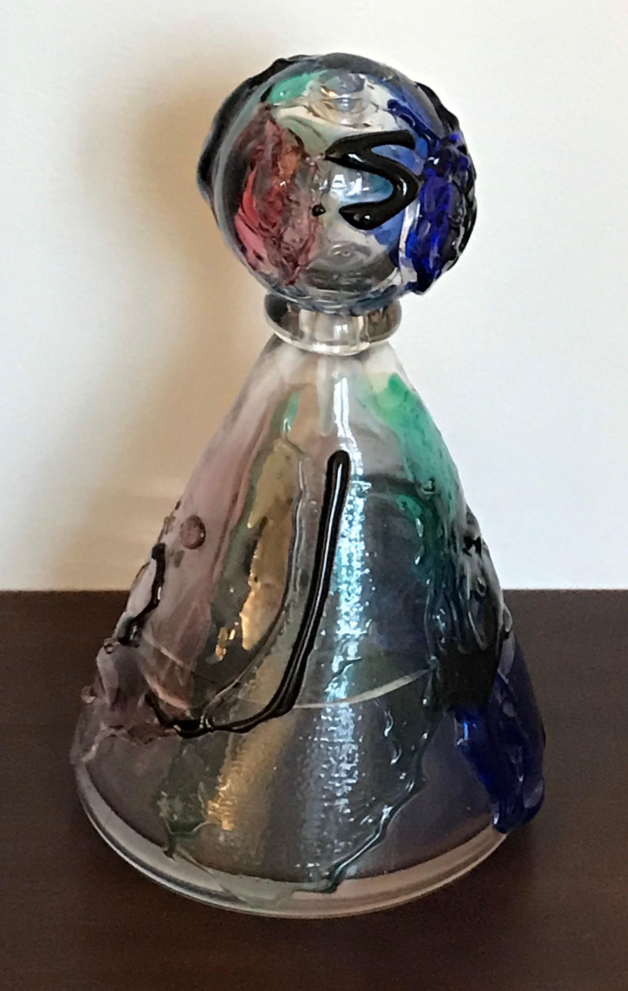 Beautiful vibrant hand blown Murano glass decanter with stopper, signed by the artist, Italy.