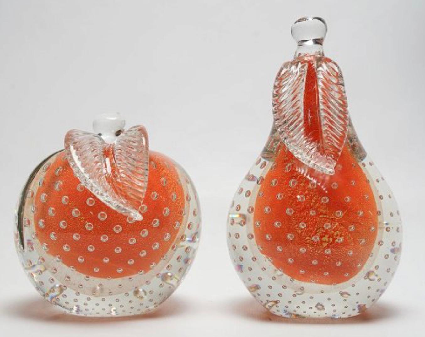 Mid-Century Modern Murano Art Glass Orange Gold Leaf Pear / Apple Bookends -2 2