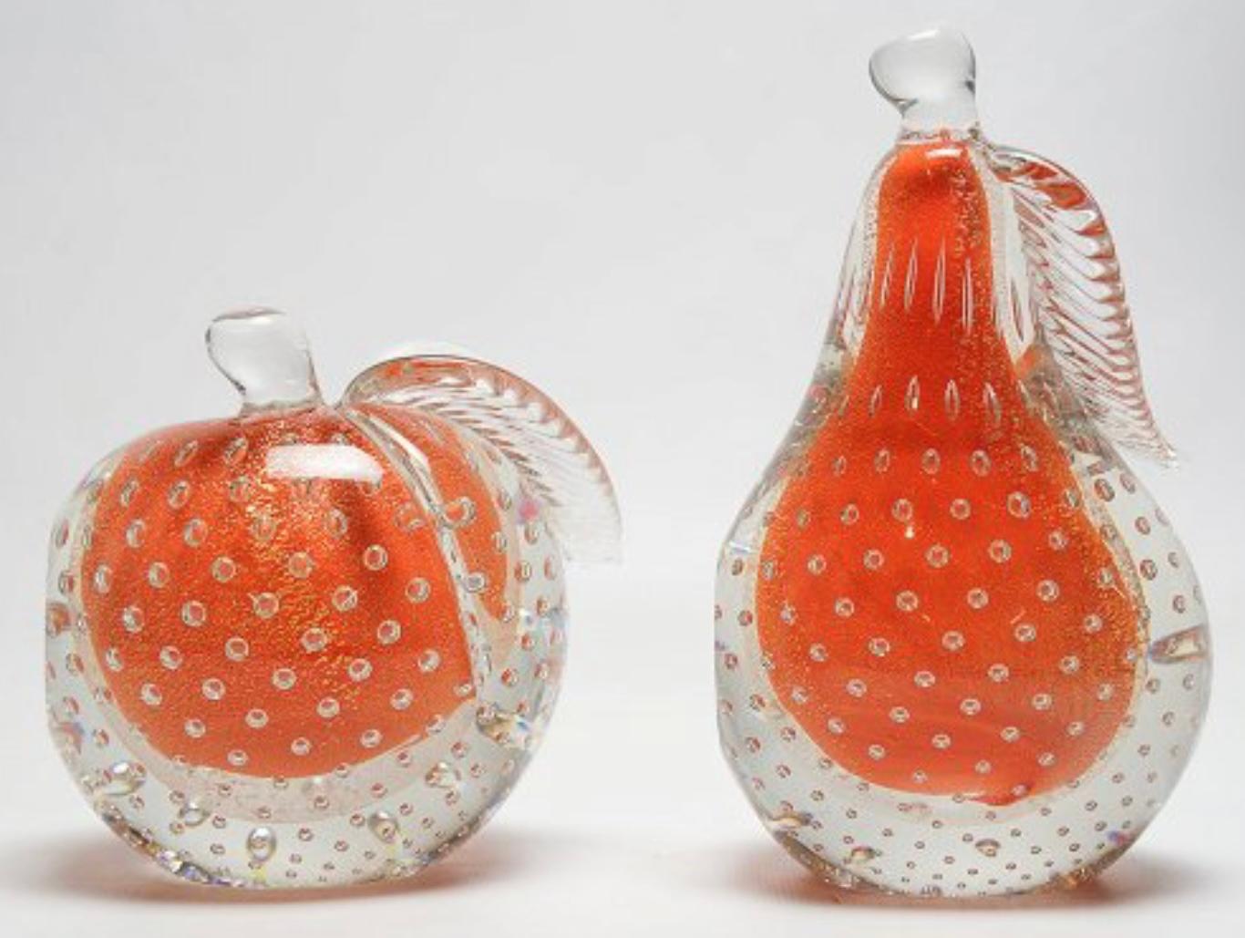 Mid-Century Modern Murano Art Glass Orange Gold Leaf Pear / Apple Bookends -2 3