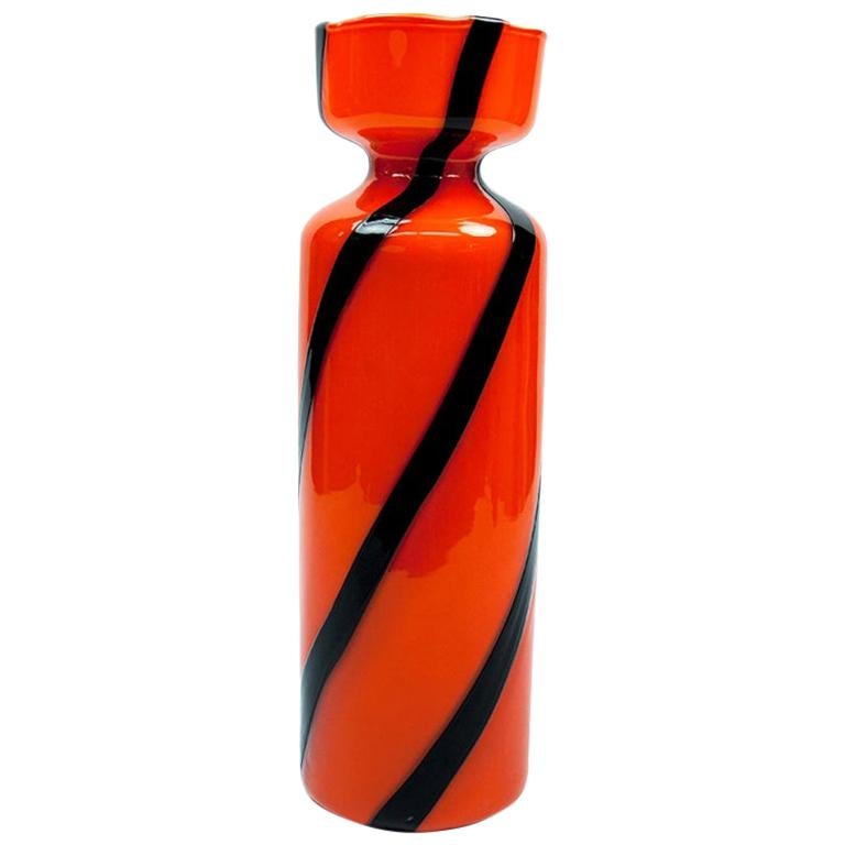 Mid-Century Modern Murano Art Glass Vase Orange Purple Stripes Estate Find