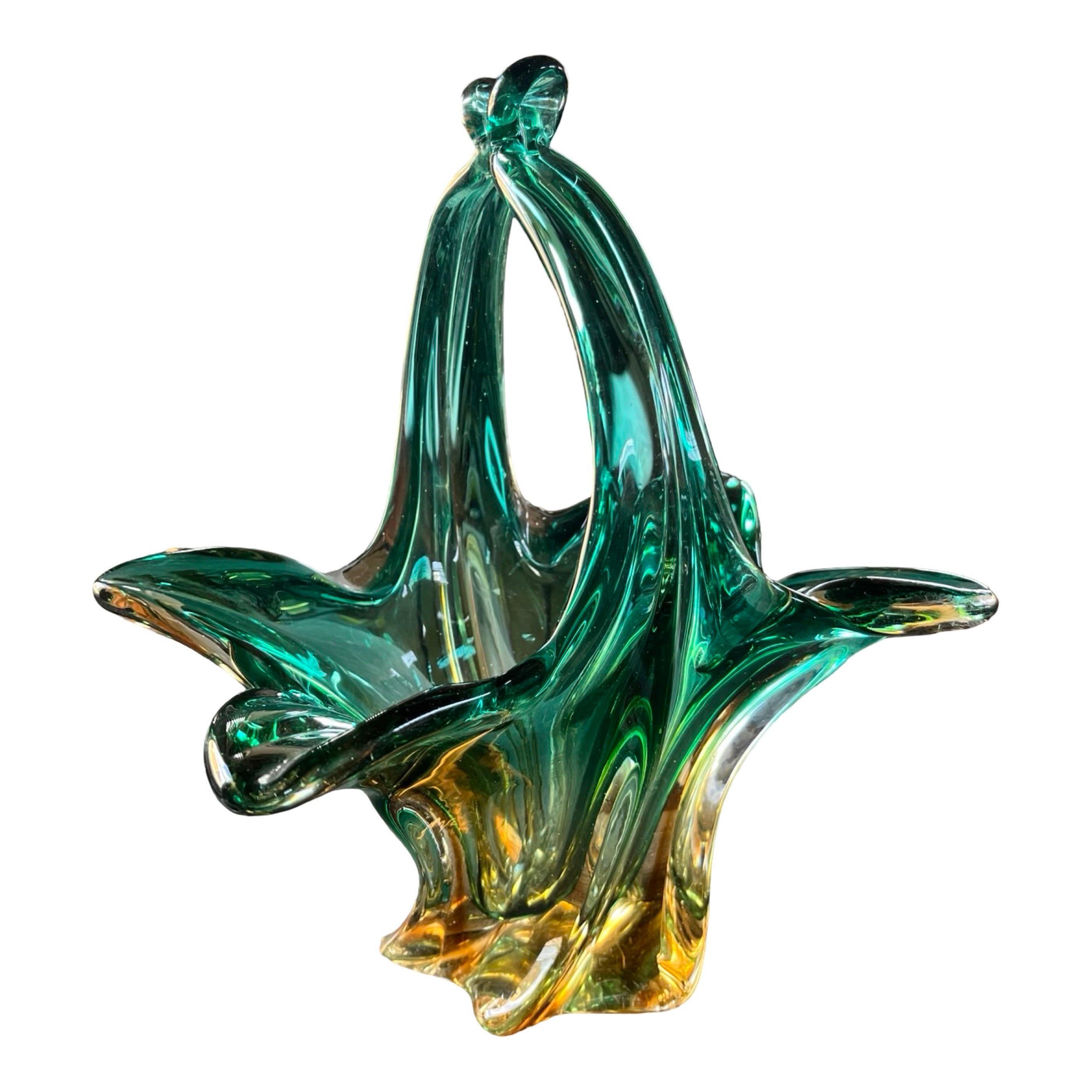 Cuenco de cristal soplado de Murano verde y amarillo, moderno de mediados de siglo, 1960-1970