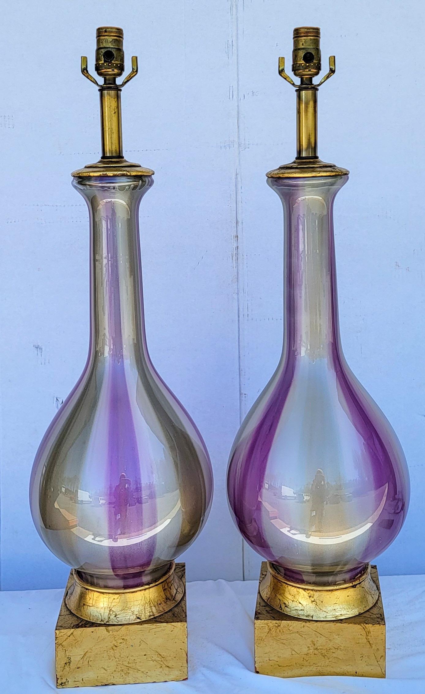Italian Mid-Century Modern Murano Blown Glass Table Lamps with Giltwood Bases, Pair For Sale