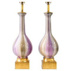 Mid-Century Modern Italian Blown Glass Table Lamps with Giltwood Bases, Pair