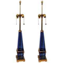 Mid-Century Modern Murano Blue Art Glass Brass Bronze Pair Obelisk Marbro Lamps