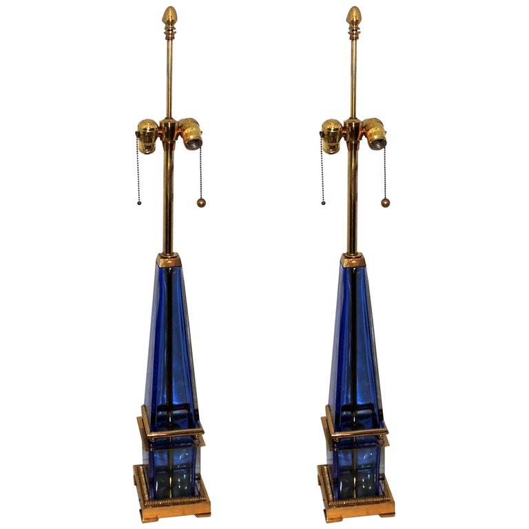 Mid-Century Modern Murano Blue Art Glass Brass Bronze Pair Obelisk Marbro Lamps For Sale