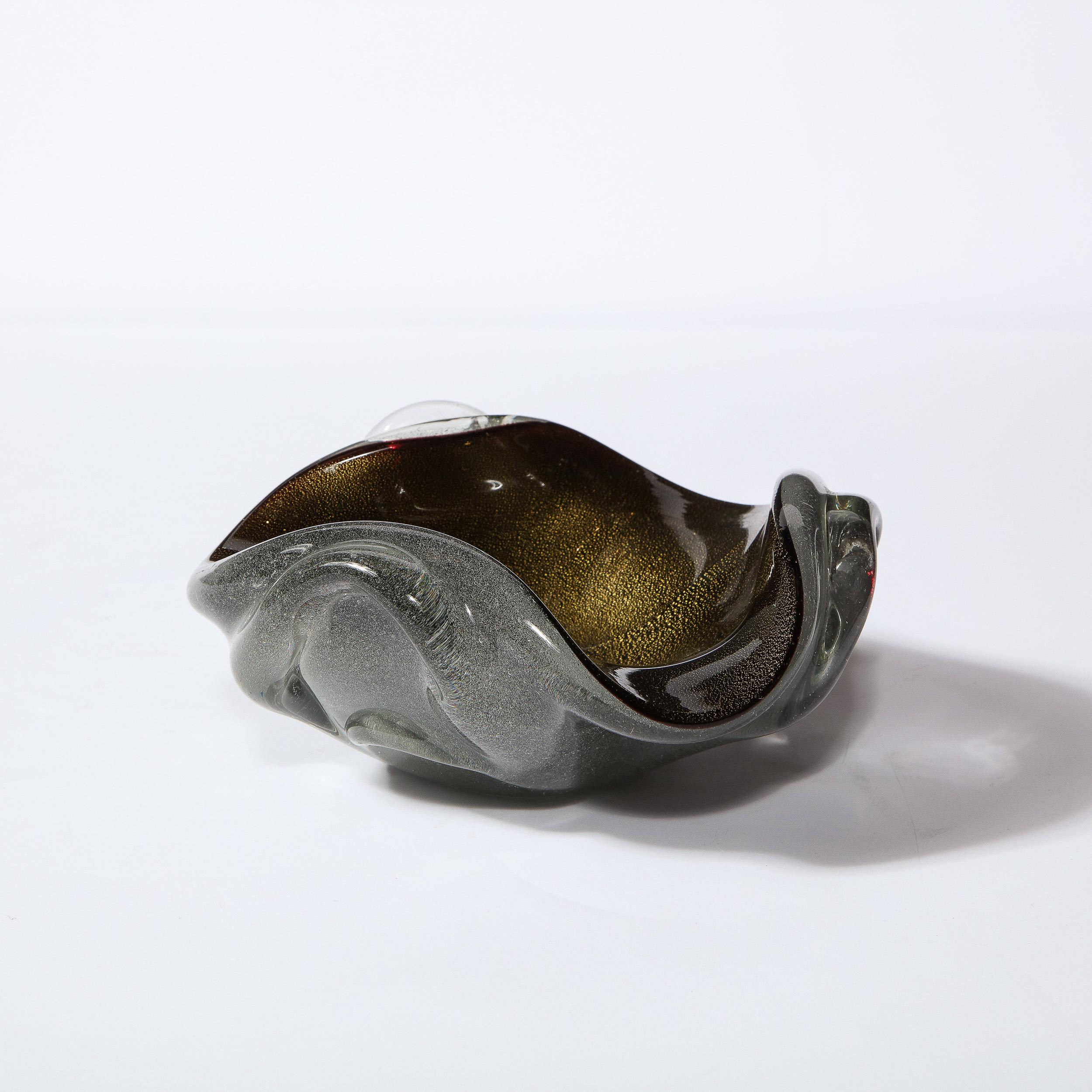 Italian Mid-Century Modern Murano Bowl in Black & Translucent Glass w/ 24kt Gold Flecks