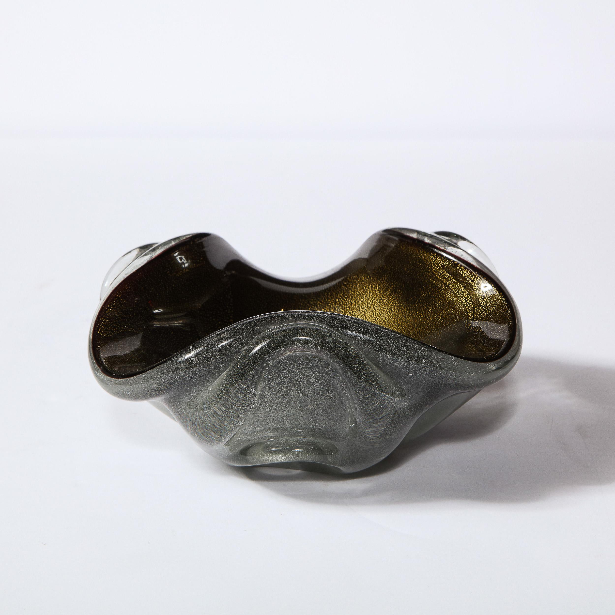Murano Glass Mid-Century Modern Murano Bowl in Black & Translucent Glass w/ 24kt Gold Flecks