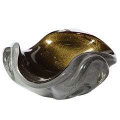 Mid-Century Modern Murano Bowl in Black & Translucent Glass w/ 24kt Gold Flecks