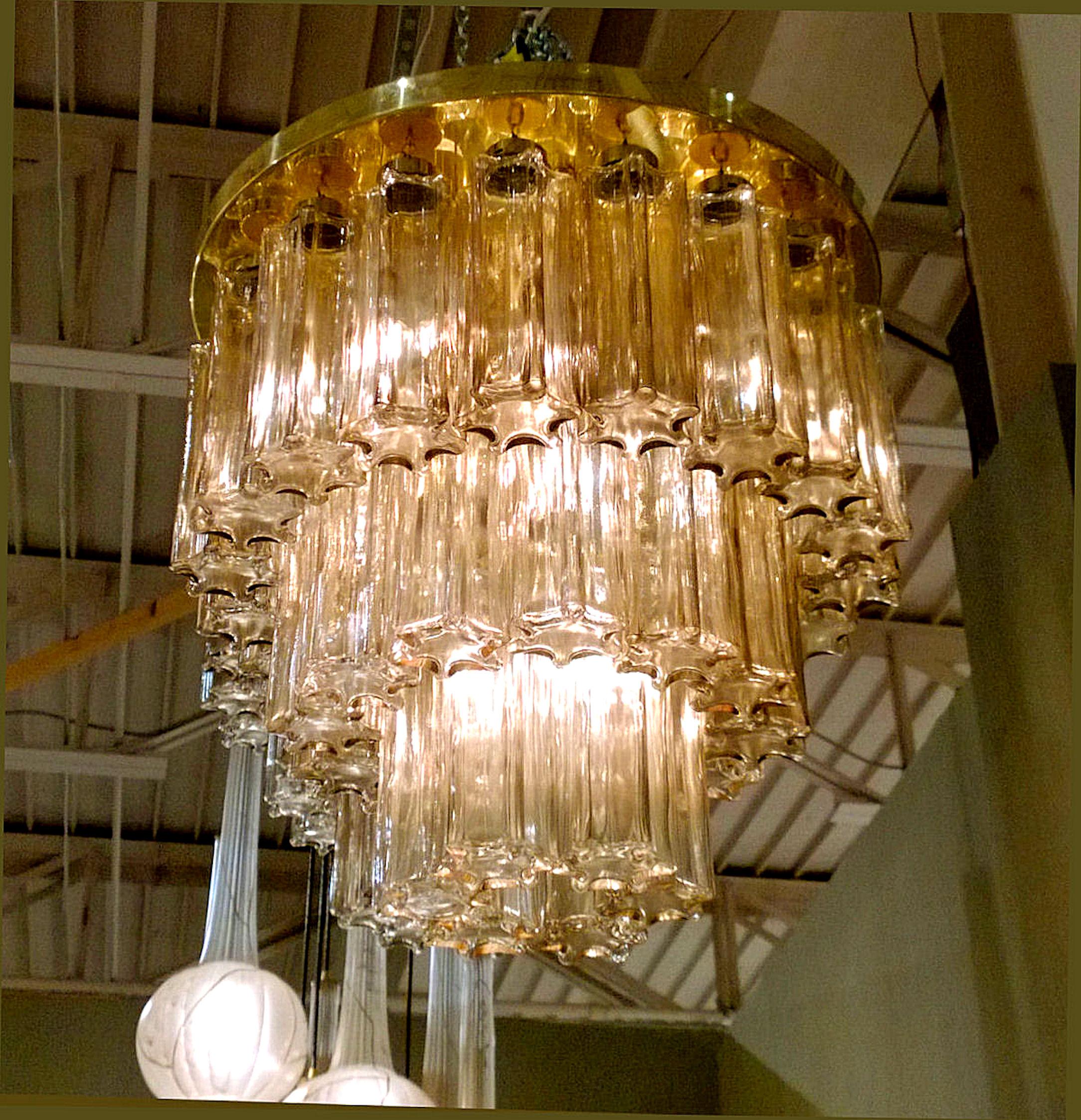 Mid-Century Modern Murano Clear Beige Glass and Brass Flush Mount Light, Limburg In Good Condition In Dallas, TX
