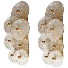 Mid-Century Modern Murano Clear Glass Discs & Brass Four Sconces, Vistosi 1960s