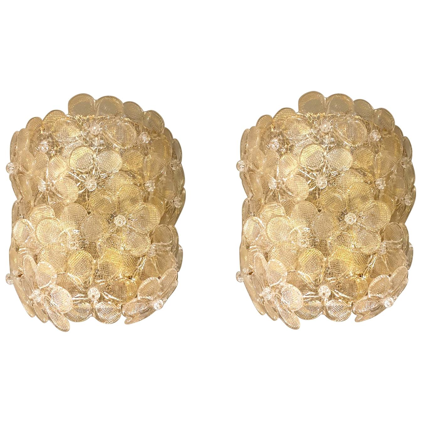 Mid-Century Modern Neoclassical Murano Glass Gold Flower Sconces, Barovier Italy