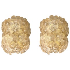 Mid-Century Modern Neoclassical Murano Glass Gold Flower Sconces, Barovier Italy Mid-Century Modern Neoclassical Murano Glass Gold Flower Sconces, Barovier Italy
