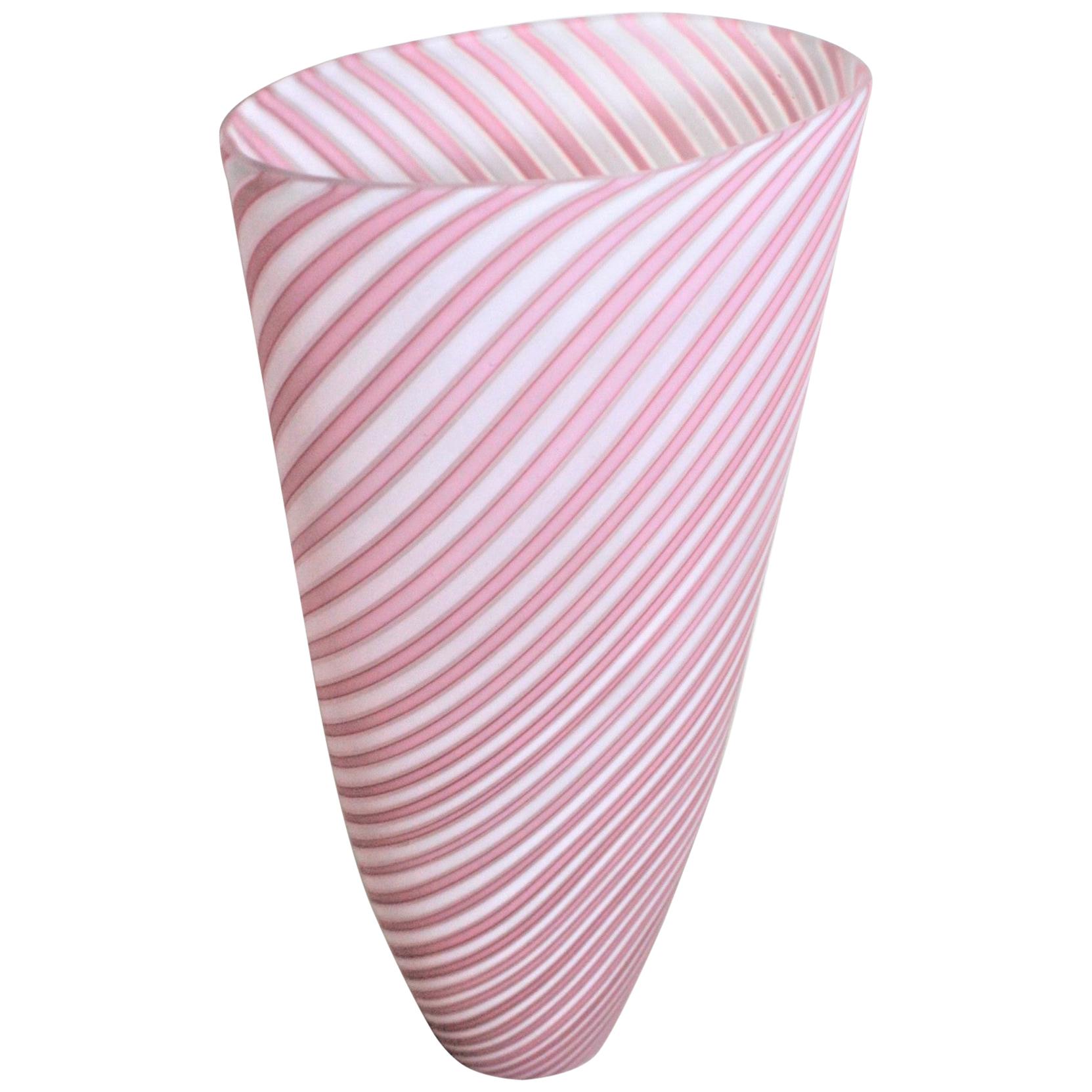 Mid-Century Modern Murano Cranberry or Pink and White Striped Art Glass Vase