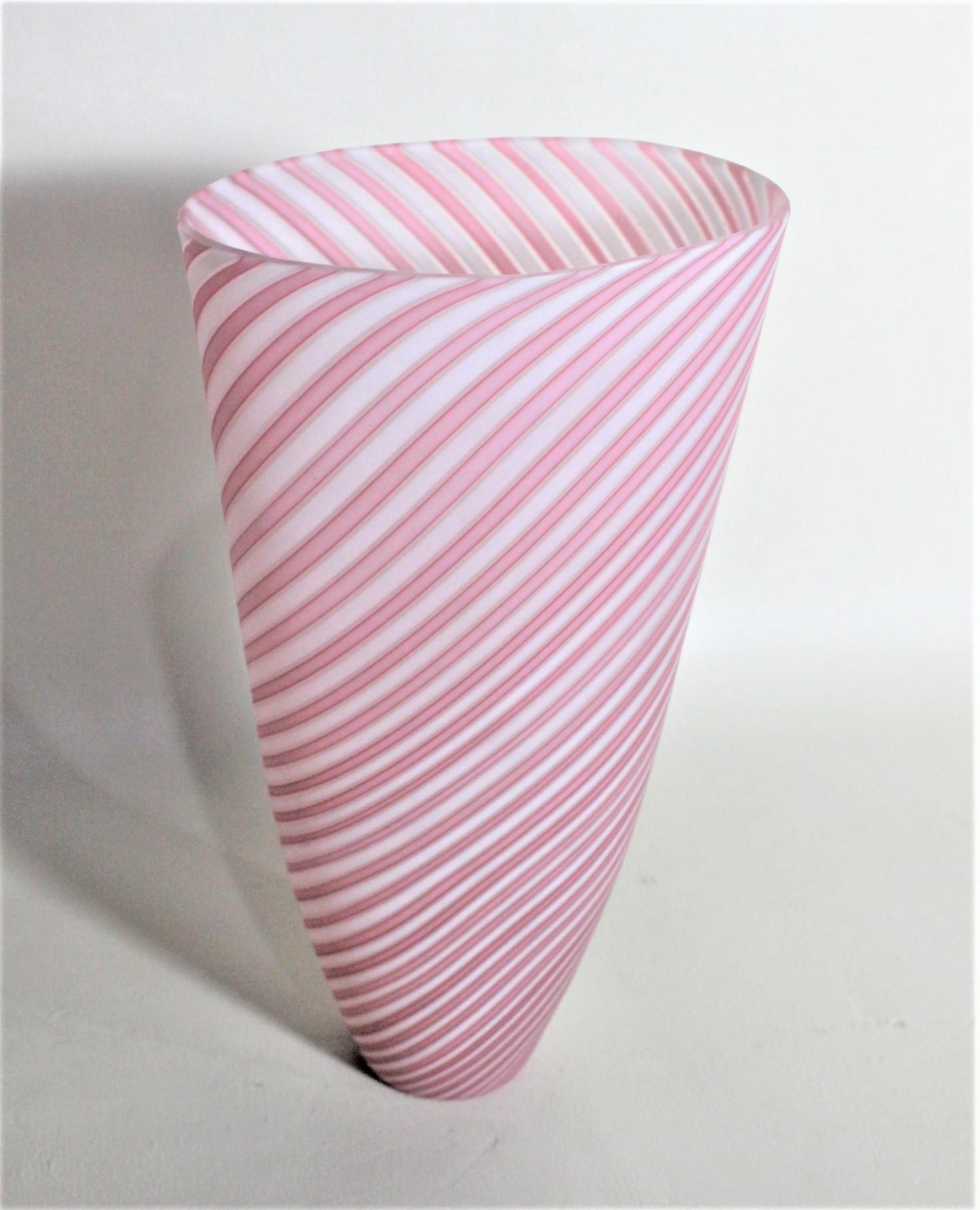 Mid-Century Modern Murano Cranberry or Pink and White Striped Art Glass Vase 4