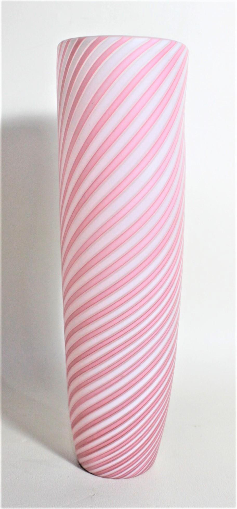 Italian Mid-Century Modern Murano Cranberry or Pink and White Striped Art Glass Vase