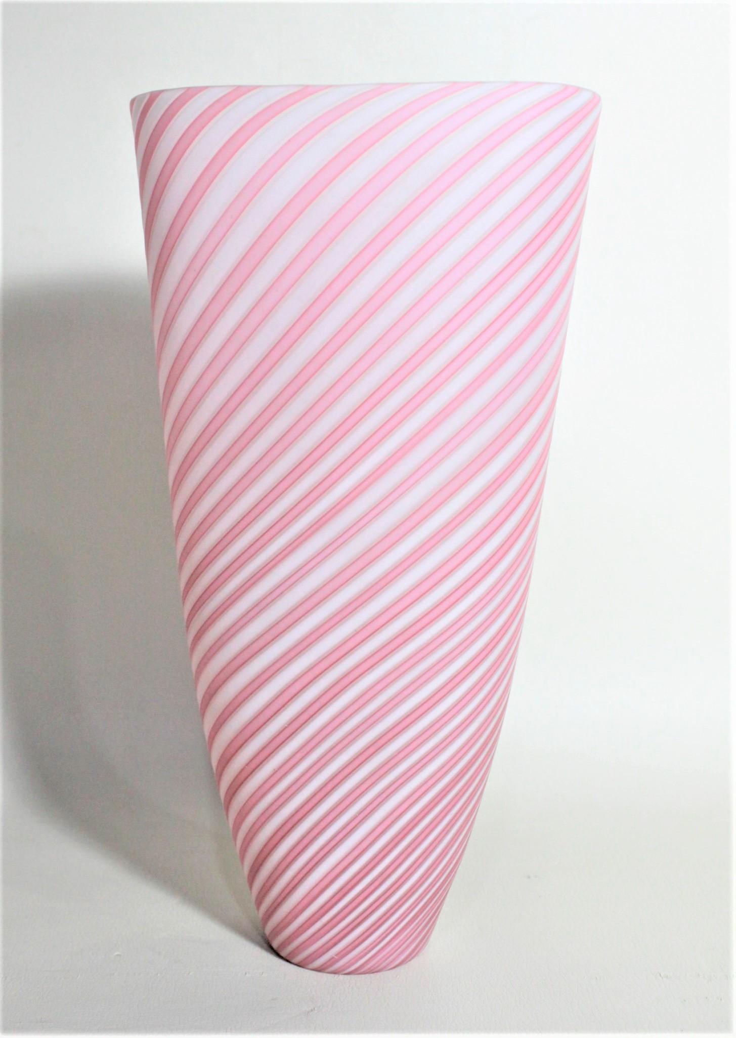 Hand-Crafted Mid-Century Modern Murano Cranberry or Pink and White Striped Art Glass Vase