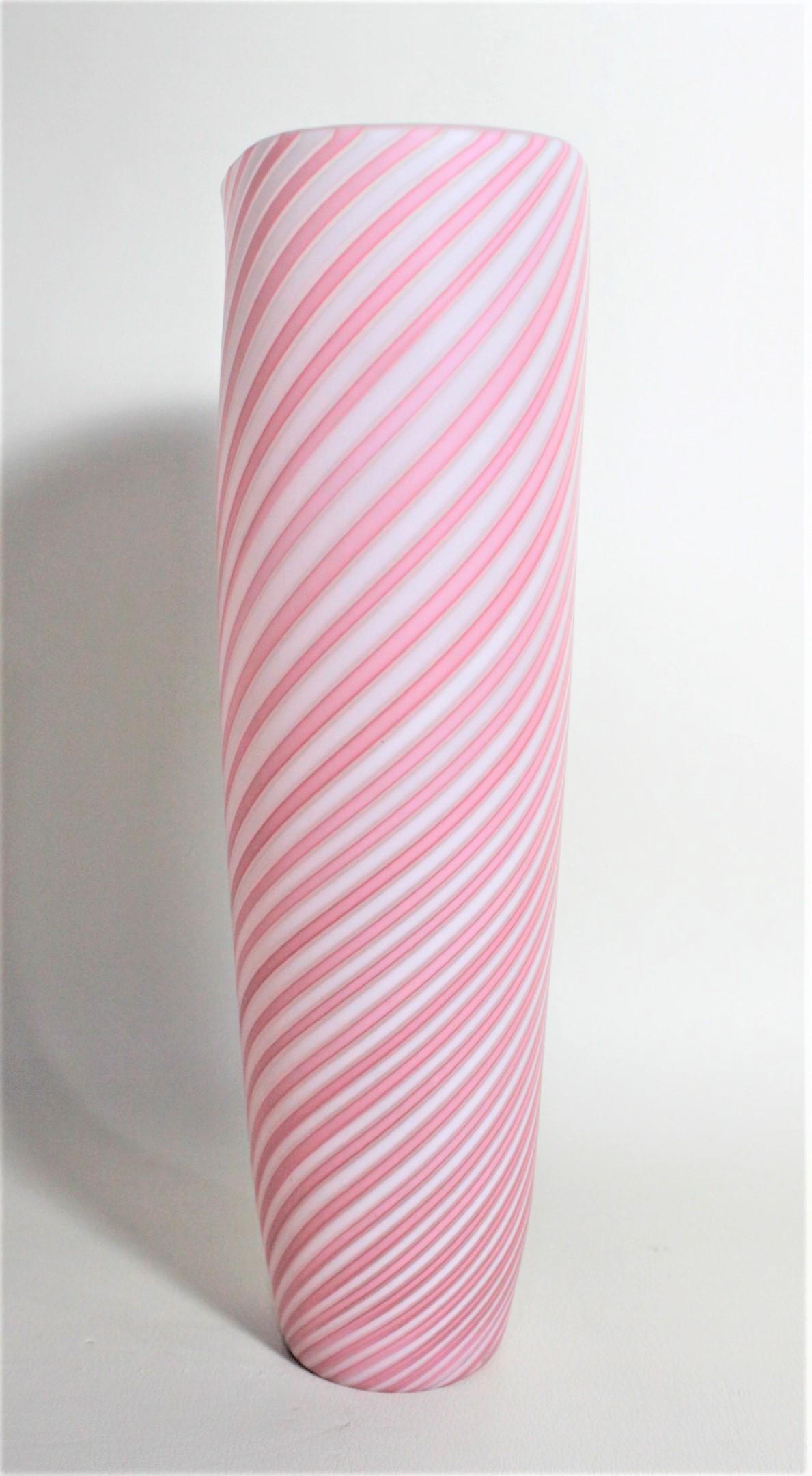 Mid-Century Modern Murano Cranberry or Pink and White Striped Art Glass Vase In Good Condition In Hamilton, Ontario