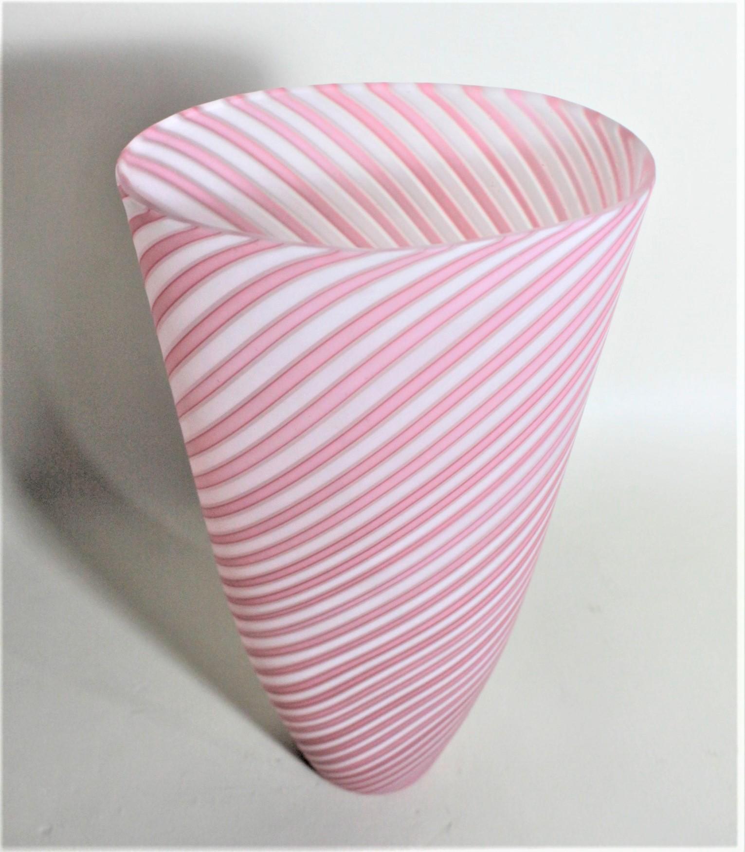 20th Century Mid-Century Modern Murano Cranberry or Pink and White Striped Art Glass Vase