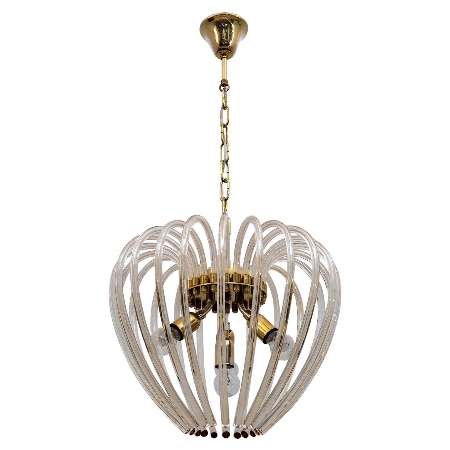 Lampadario in vetro di Murano e ottone di Venini, anni '50, Modernariato di metà secolo