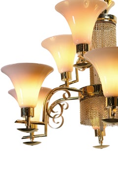 Mid-Century Italian Two Tier Murano Glass Chandelier with Polished Brass Accents