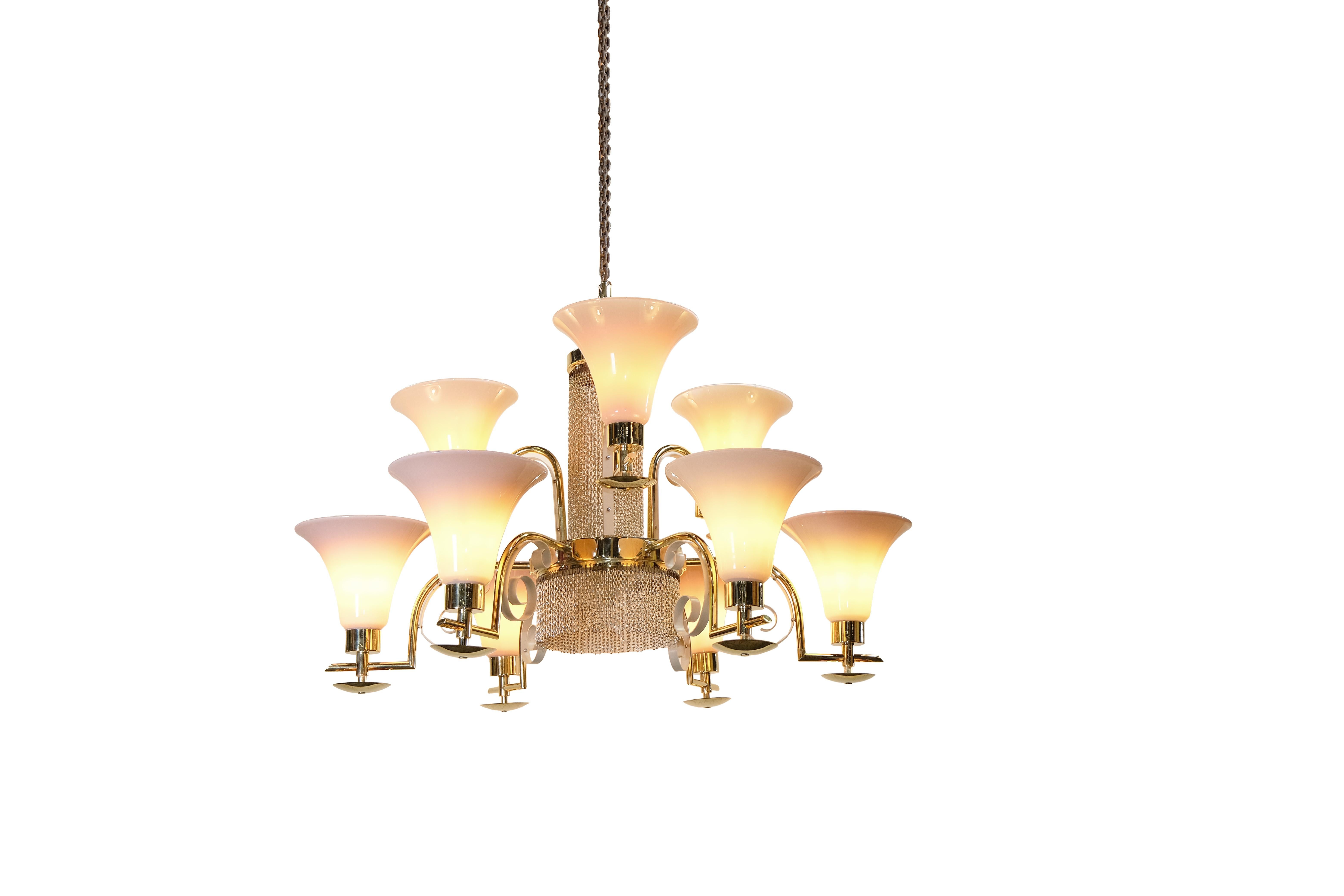 Italiano Lampadario moderno di metà secolo in vetro di Murano e ottone, Italia, circa anni '70 in vendita