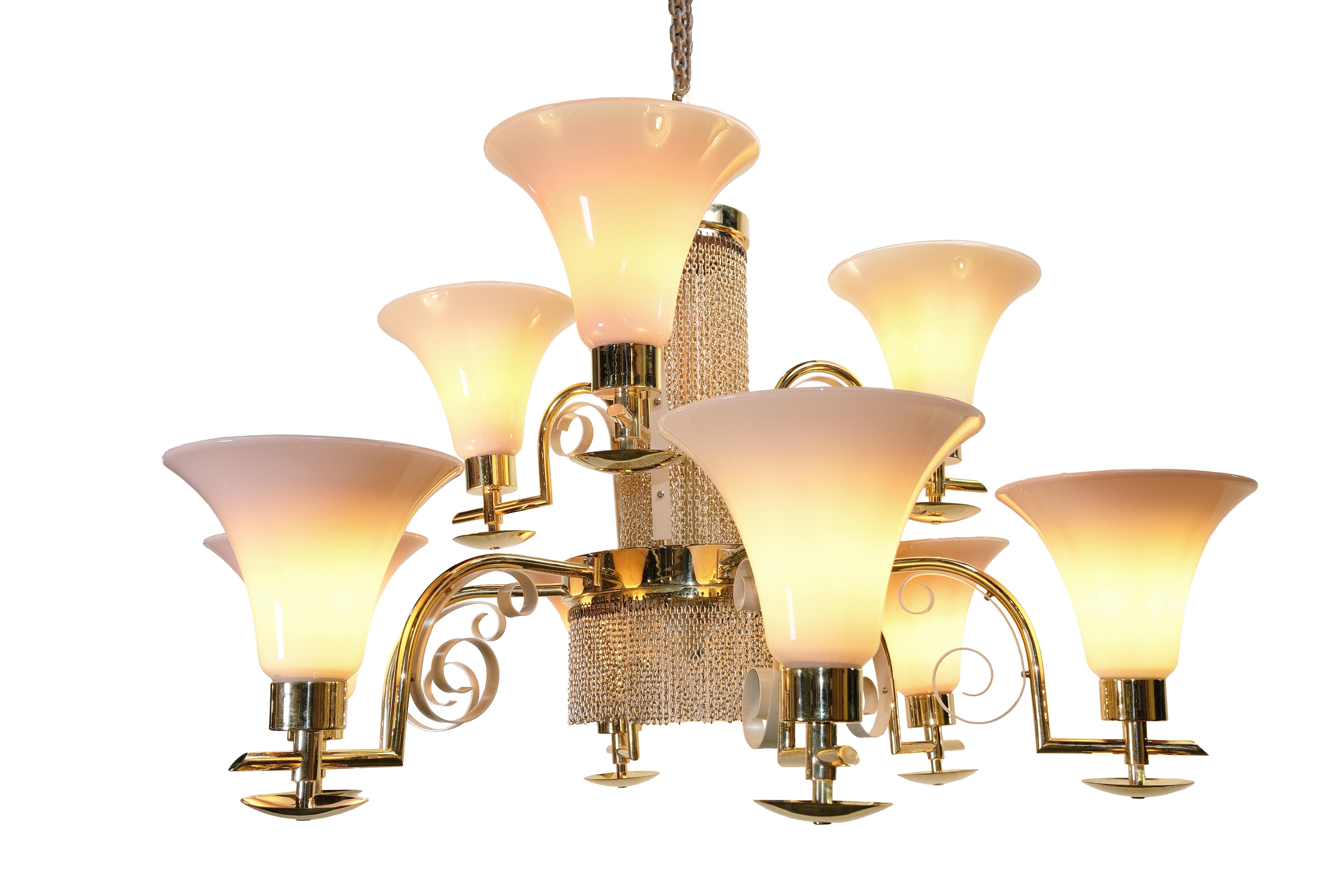 Lucidato Lampadario moderno di metà secolo in vetro di Murano e ottone, Italia, circa anni '70 in vendita