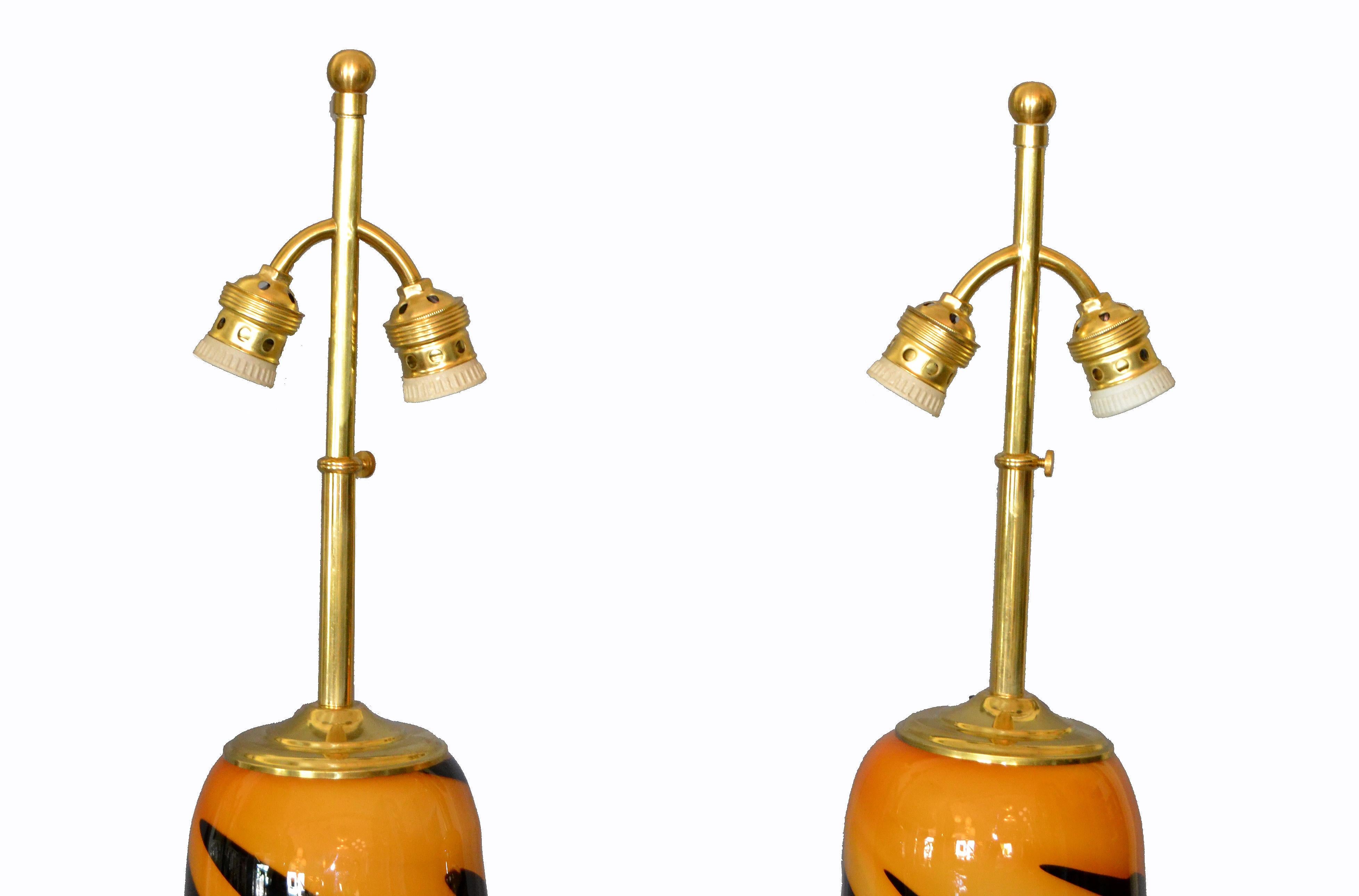 Mid-Century Modern Murano Glass and Brass Table Lamps by Seguso, Italy, Pair 1