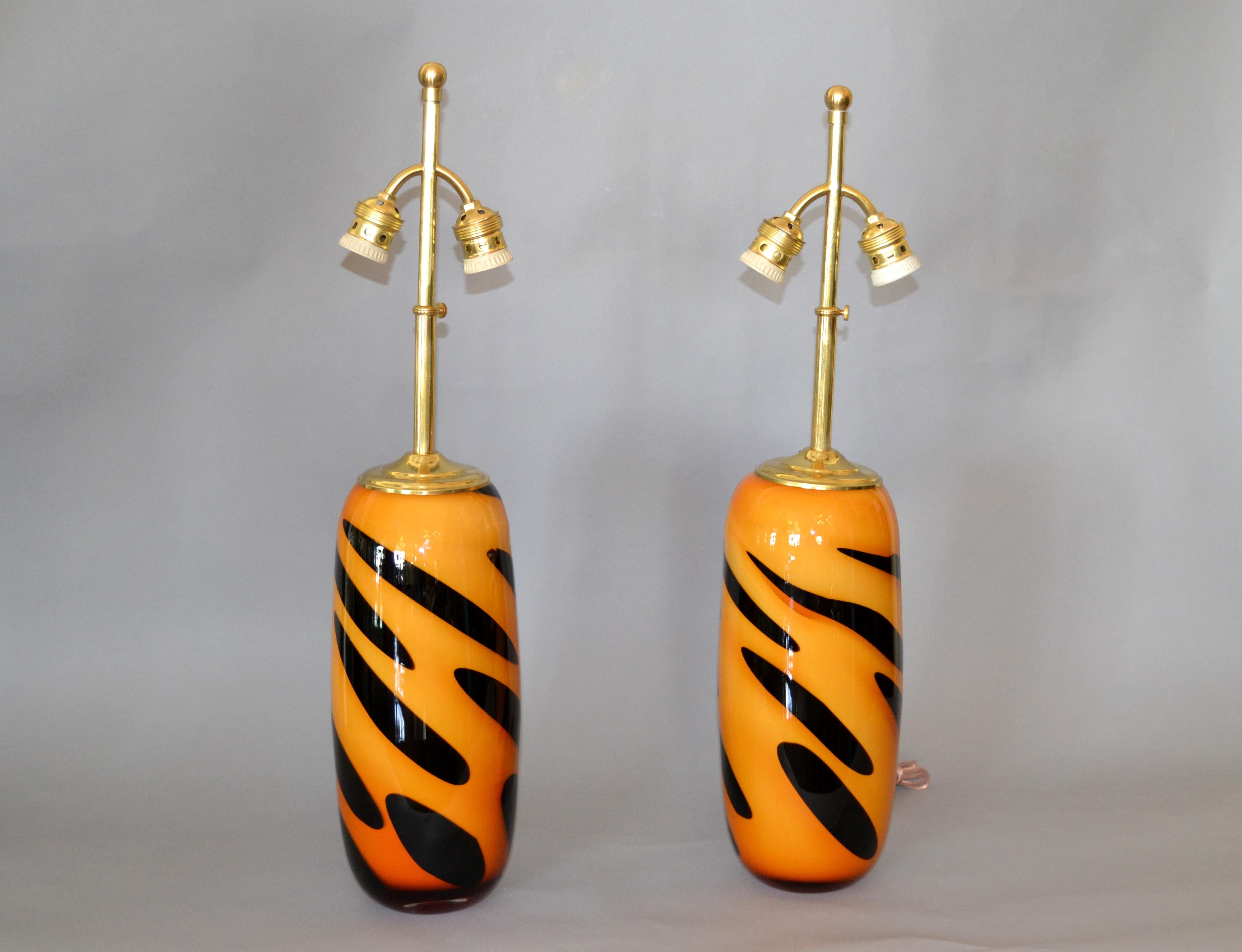 Mid-Century Modern Murano Glass and Brass Table Lamps by Seguso, Italy, Pair 2