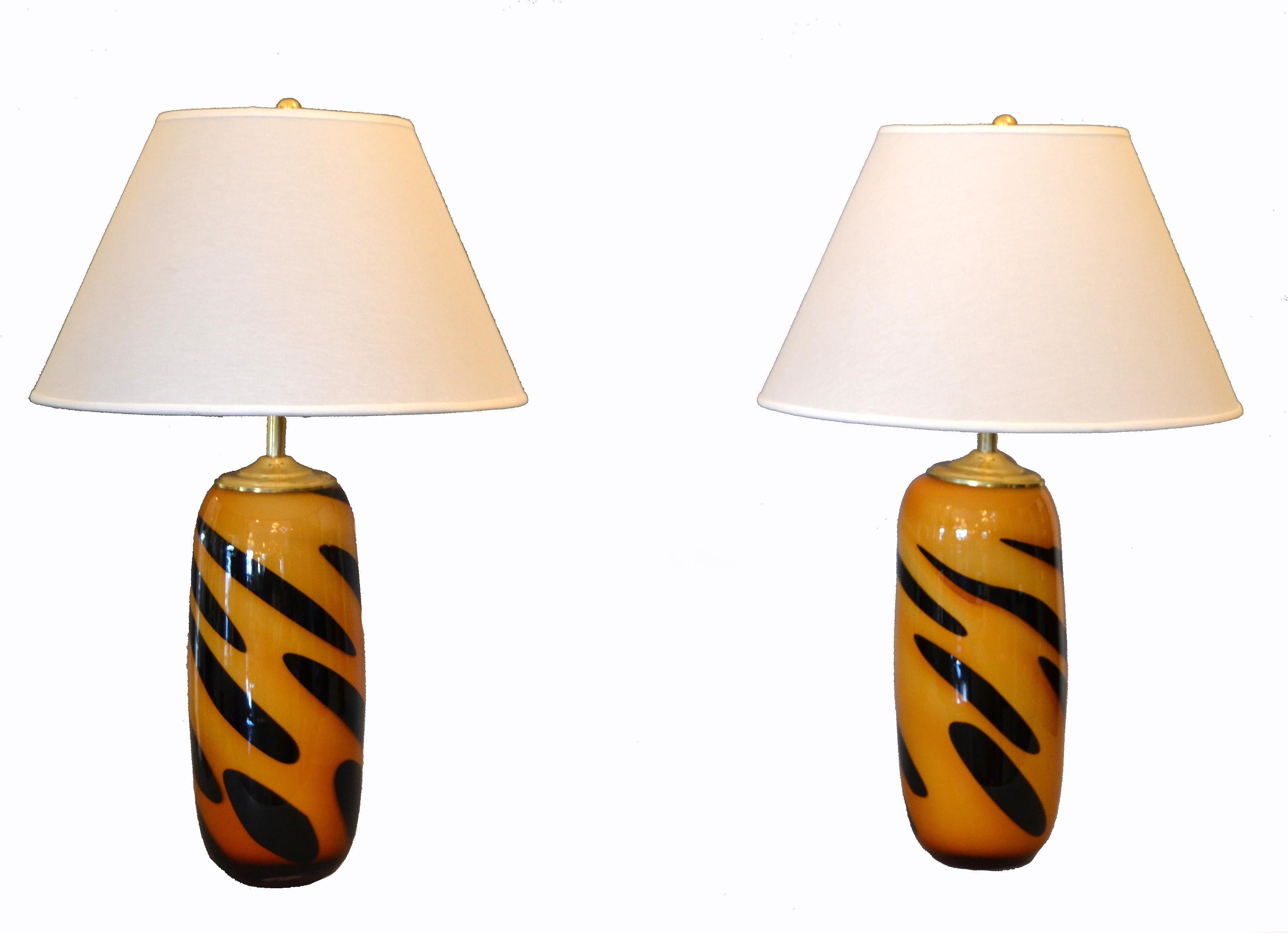 Mid-Century Modern Murano Glass and Brass Table Lamps by Seguso, Italy, Pair 3