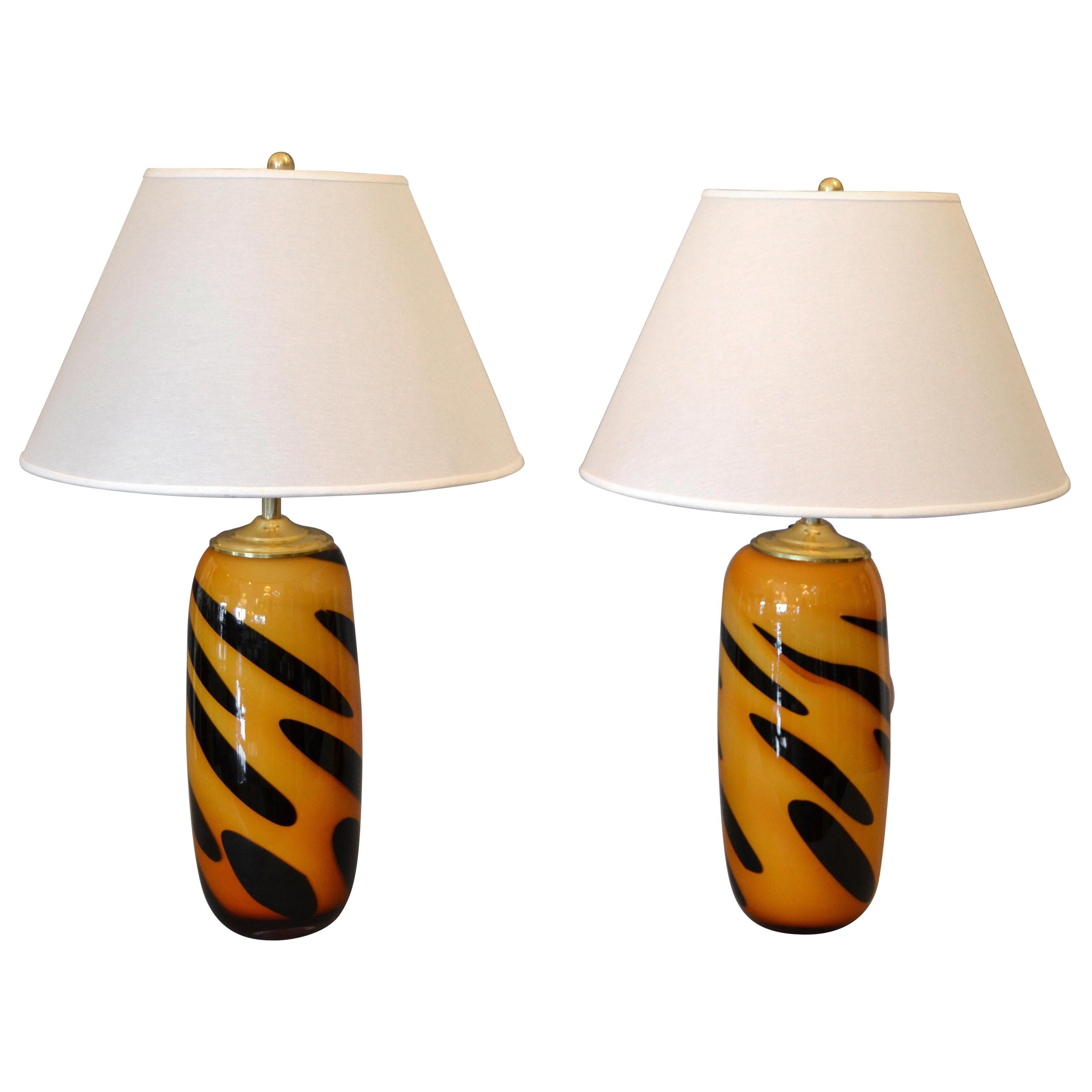 Mid-Century Modern Murano Glass and Brass Table Lamps by Seguso, Italy, Pair